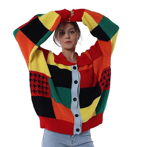 Women’s Color Block Patchwork Cardigan Oversized Crochet Cardigan Sweater Long