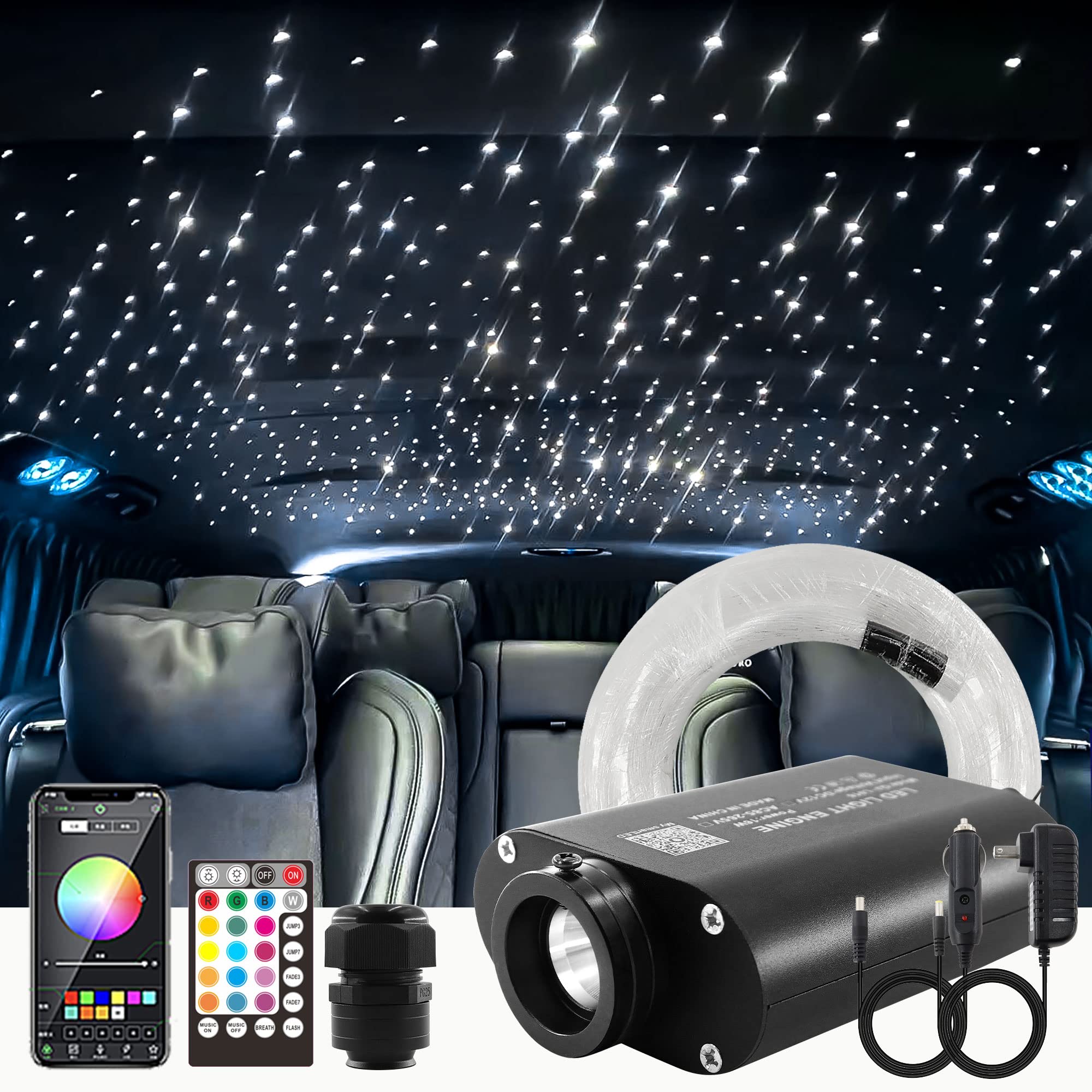 ATOKEE 16W Fiber Optic Lights, 550pcs*0.03in*9.8ft Starlight Headliner Kit, Sound Activated Star Lights for Car Roof Decor with Remote Control/Bluetooth App