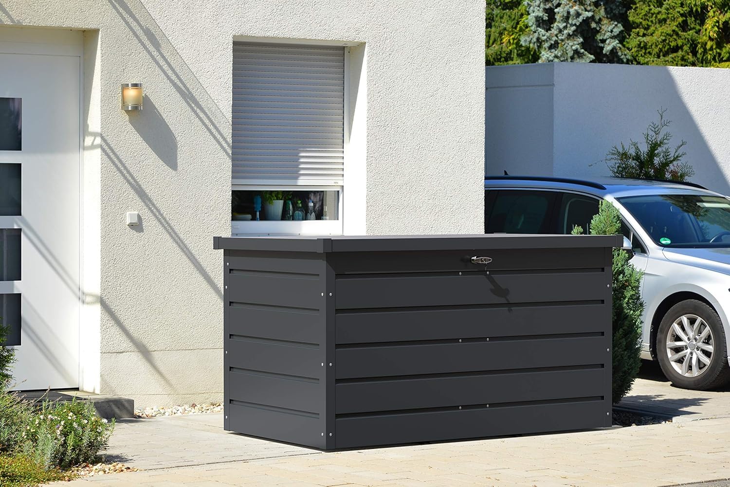 Duramax Palladium Kissenbox aus Metall XL (1043 L) mit hydraulischer Gasdruckfeder und abschließbarem Griff mit Schlüssel, Terrassenbox und Gartenmöbelaufbewahrung, Anthrazit