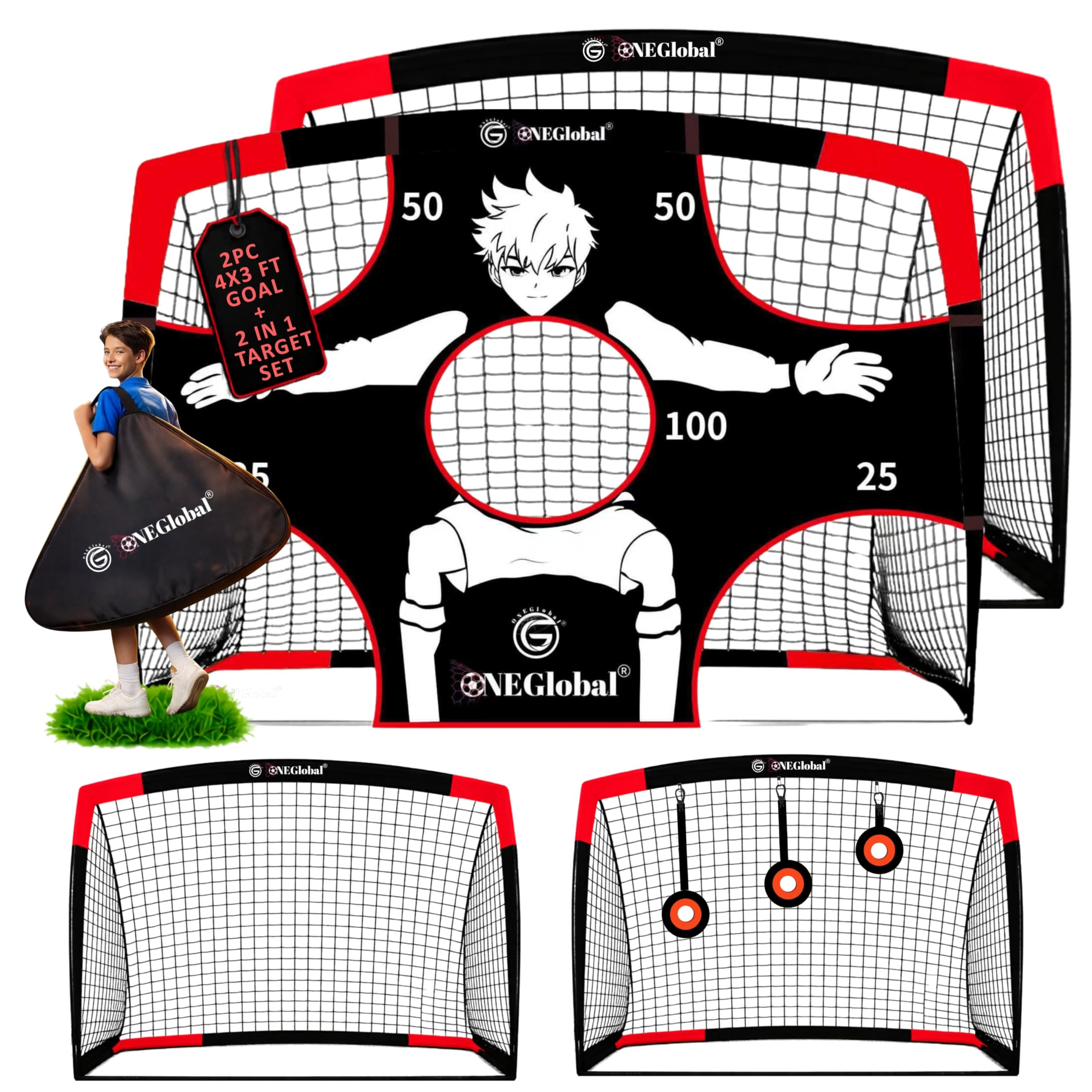 2Pack 4x3ft Popup Football Goals with Carry Case & 2in1 Targets | Portable Goal with Net for Garden | Durable Football Training Equipment & Football Gifts | Single or Pair with Optional Targets