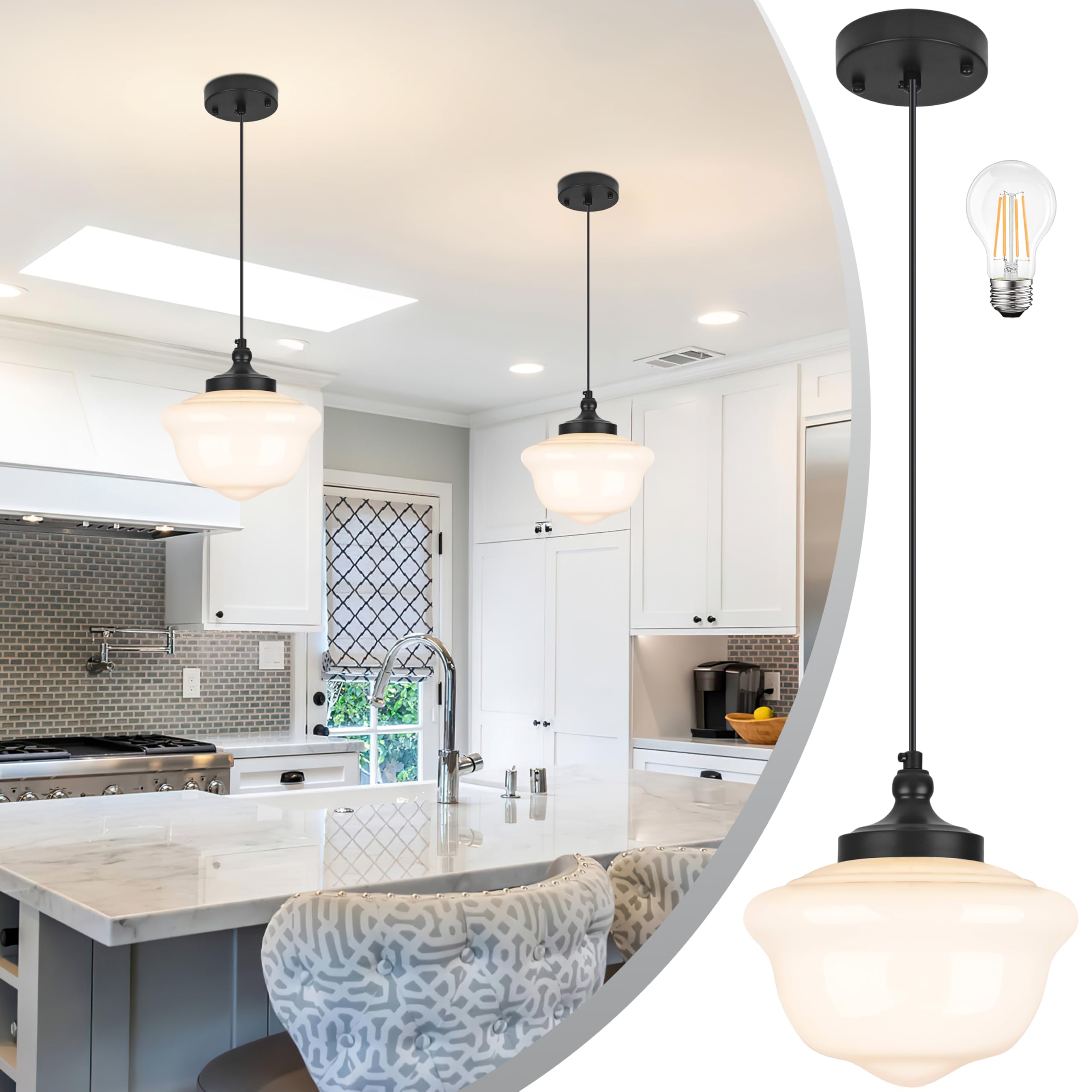 SAMTEEN 10-Inch Black Schoolhouse Pendant Light With Milk Glass Shade