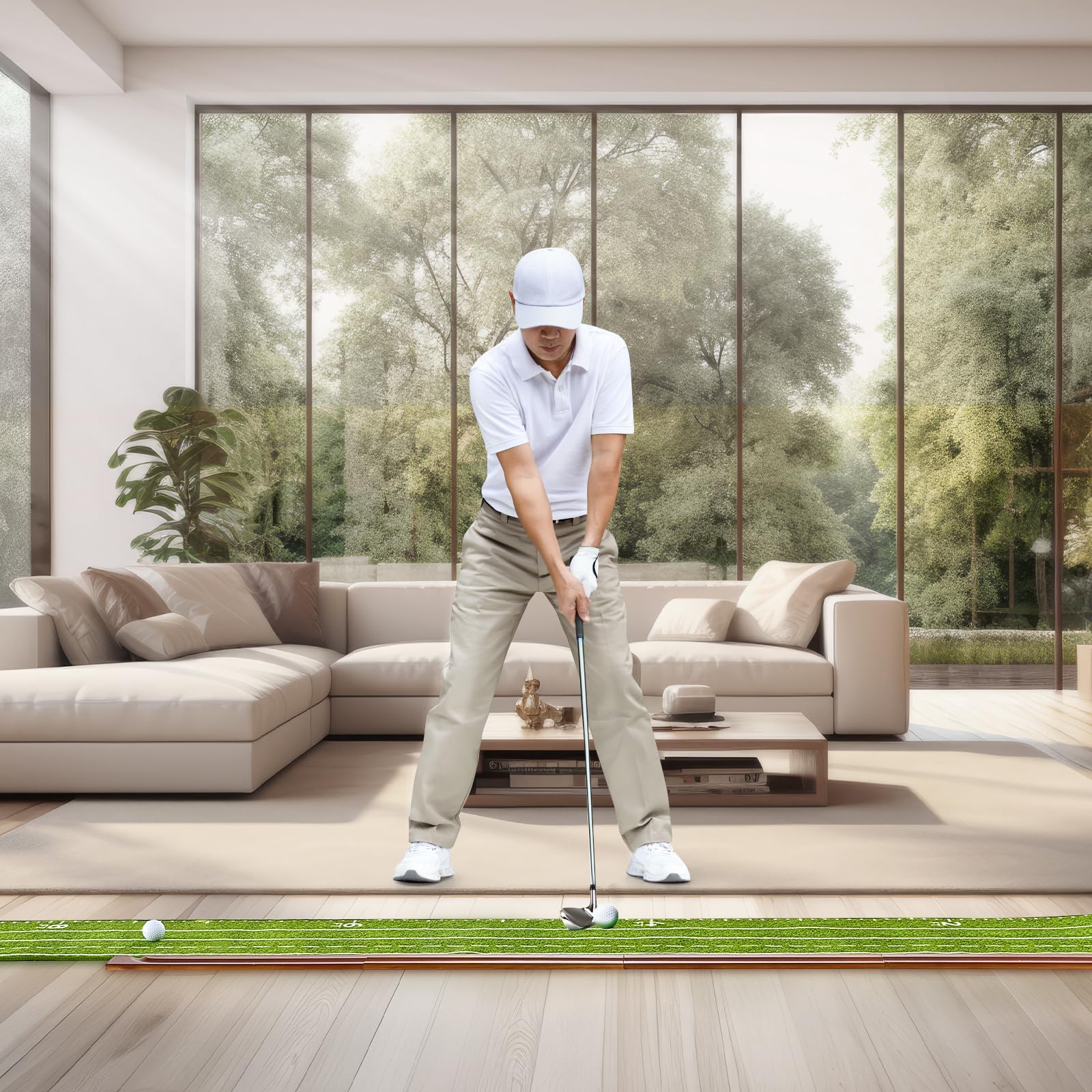 VEVOR Golf Puttingmatte, Golfmatte mit 2 Löchern, Indoor/Outdoor Golf Übungsmatte, Minigolf-Set mit automatischer Ballrückführung, Ausrichtungsleitfaden, Holzbasis, Golf-Trainingsgeräte, Grün