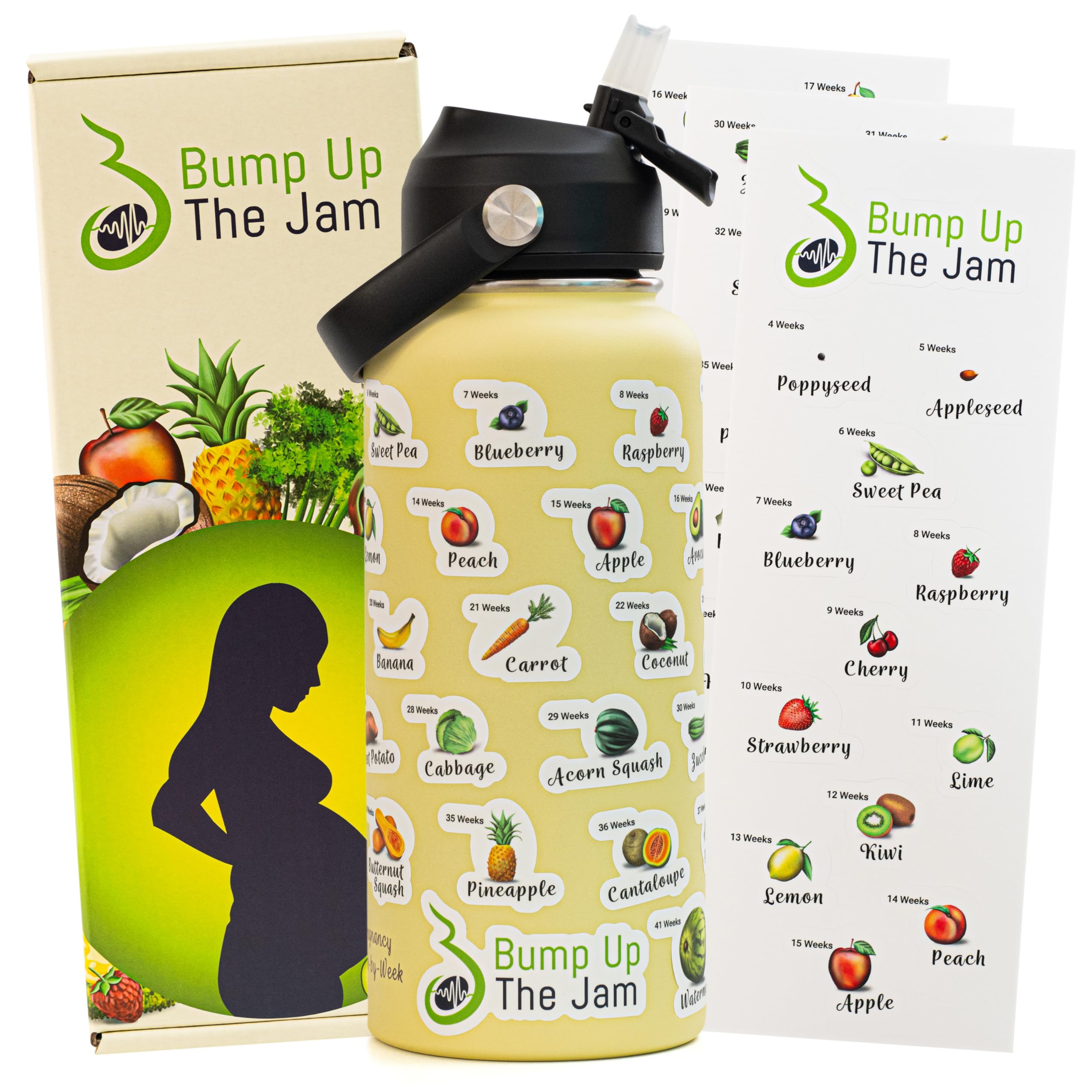 Pregnancy Water Bottle Tracker - 32 Ounce Stainless Steel - Includes Weekly Pregnancy Tracker Stickers (Lemon Frost)