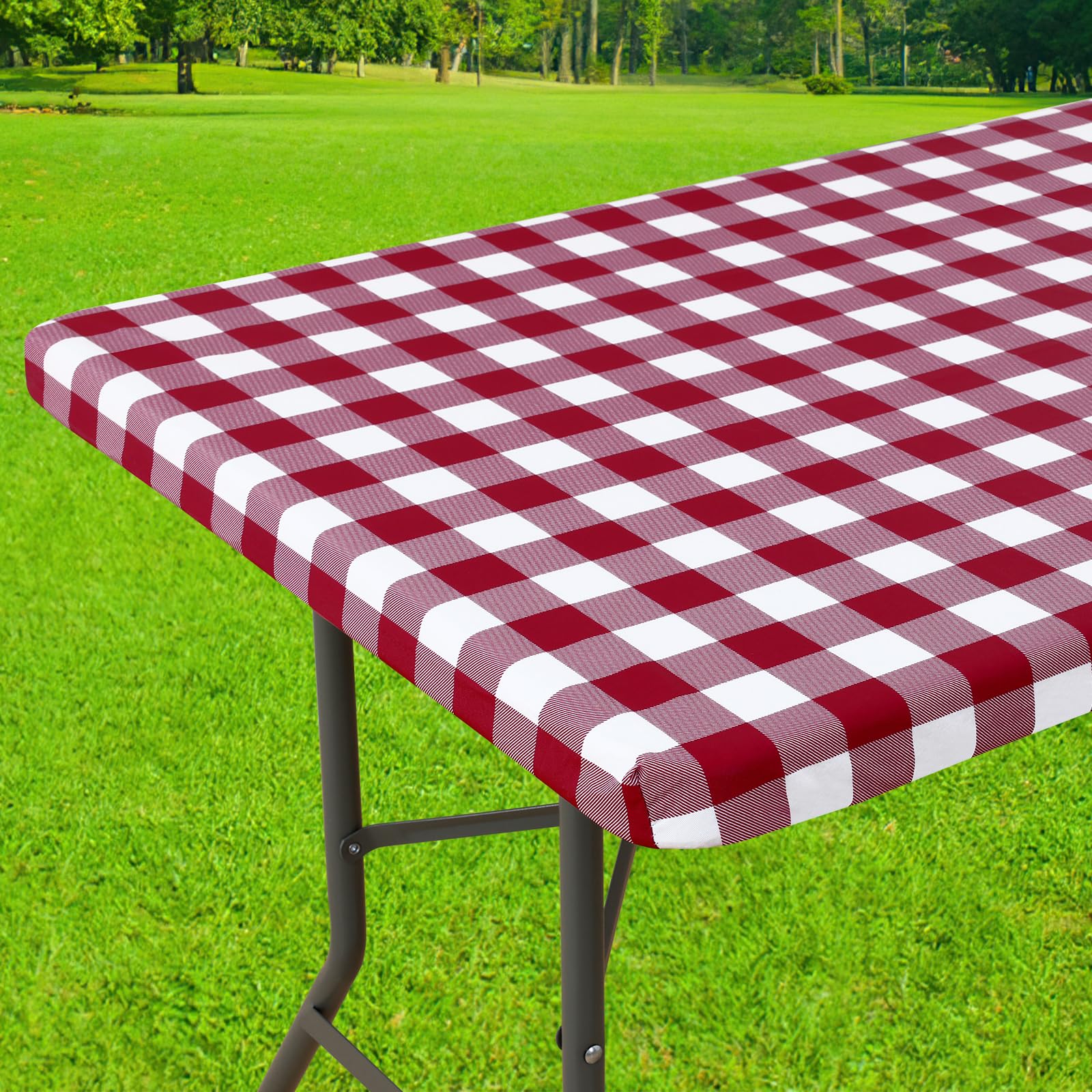 Smiry Rectangle Picnic Table Cloth, Elastic Waterproof Fitted Vinyl Tablecloths, Flannel Backed Buffalo Plaid Table Covers for Dining, Camping,