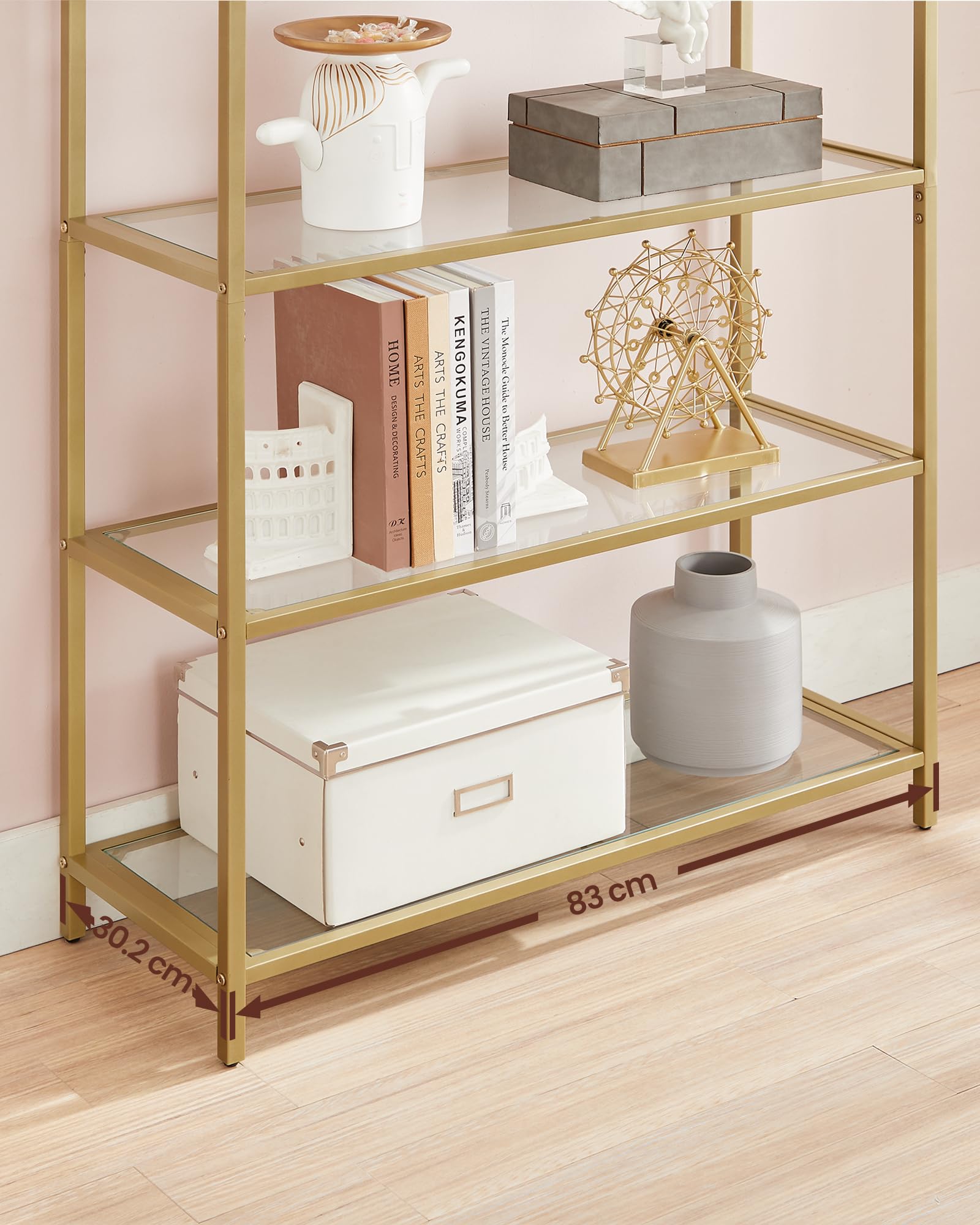 VASAGLE Regal, Bücherregal 5 Ebenen, Standregal aus Hartglas, Aufbewahrungsregal, bogenförmig, Metallstruktur, für Wohnzimmer Schlafzimmer Arbeitszimmer Bad, goldfarben-transparent LGT050A01