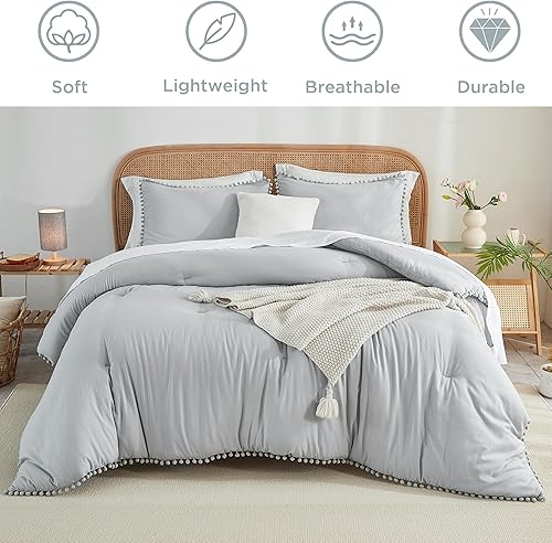 Miniatura 2 de annadaif Juego de edredón gris claro, tamaño Queen, edredón de 3 piezas con flecos de pompones, juego de ropa de cama de microfibra suave