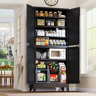 75.2" Tall Metal Pantry Cabinet, Storage Cabinets with 4 Door and 4 Adjustable Shelves, Black Kitchen Pantry Storage Cabinet, Freestanding Cupboard for Kitchen Dining Room Living Room Bathroom