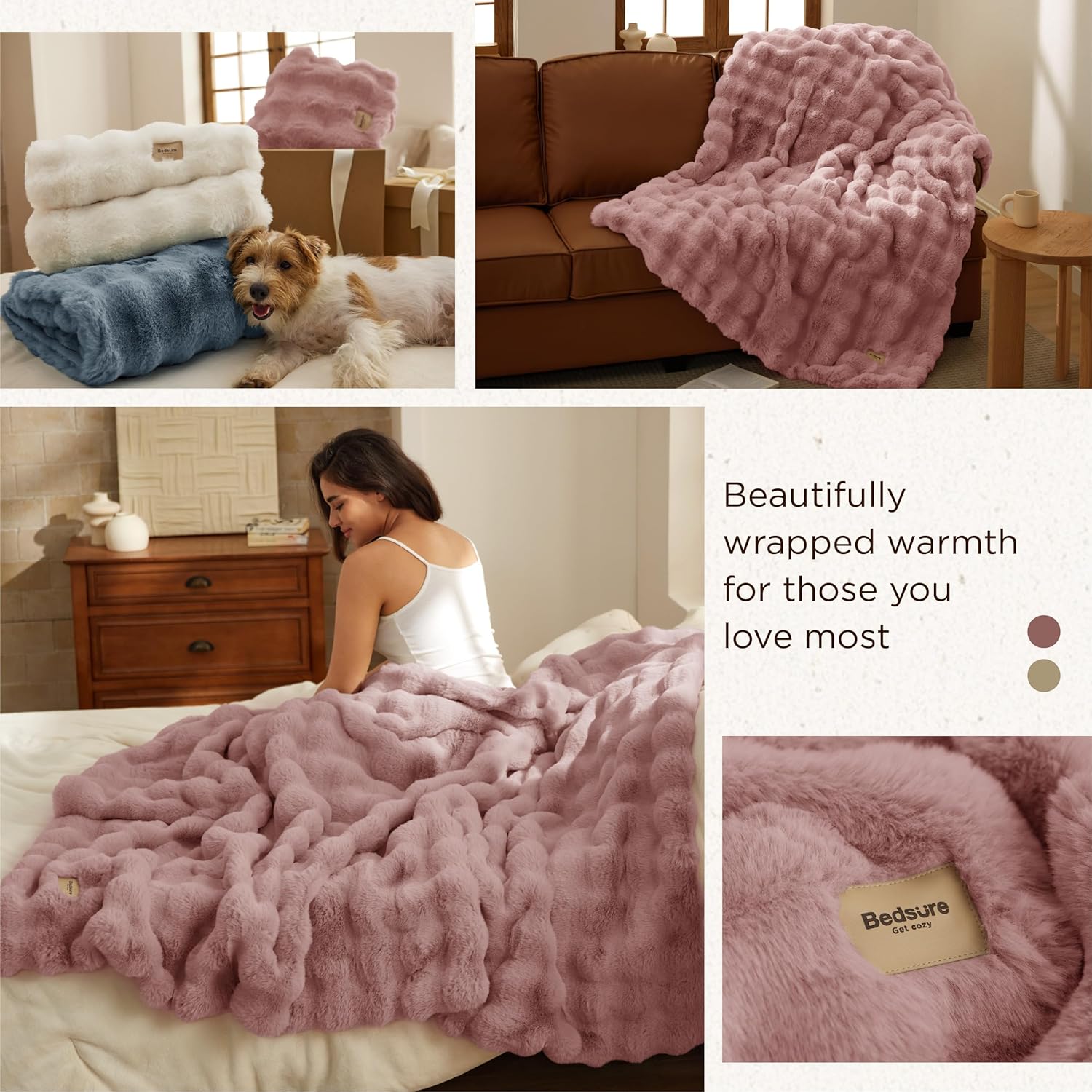 Bedsure GentleSoft Fluffy Fuzzy Twin Blanket, Soft Cozy Fleece Faux Fur Blanket, Pink Decorations Minky Velvet Couch Cover, Thick Warm Plush Women Men Birthday Gifts, 870GSM, Dusty Rose - Image 5