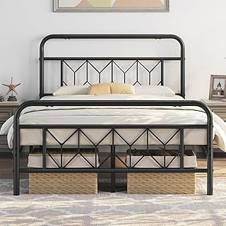 Yaheetech 4ft6 Double Bed Frames Vintage Sturdy Metal Platform Bed with Large Storage/Diamond Pattern Headboard/Easy Assembly/Embeded Design Bed Base, Black Double Bed