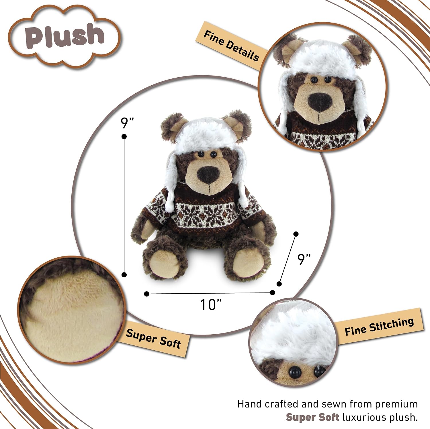 DolliBu Plush Grizzly Bear Stuffed Animal - Soft Plush Huggable Brown Grizzly Bear Wearing Hat & Sweater, Adorable Toy Wild Life Cuddle Gifts for Kids and Adults - 9 Inch