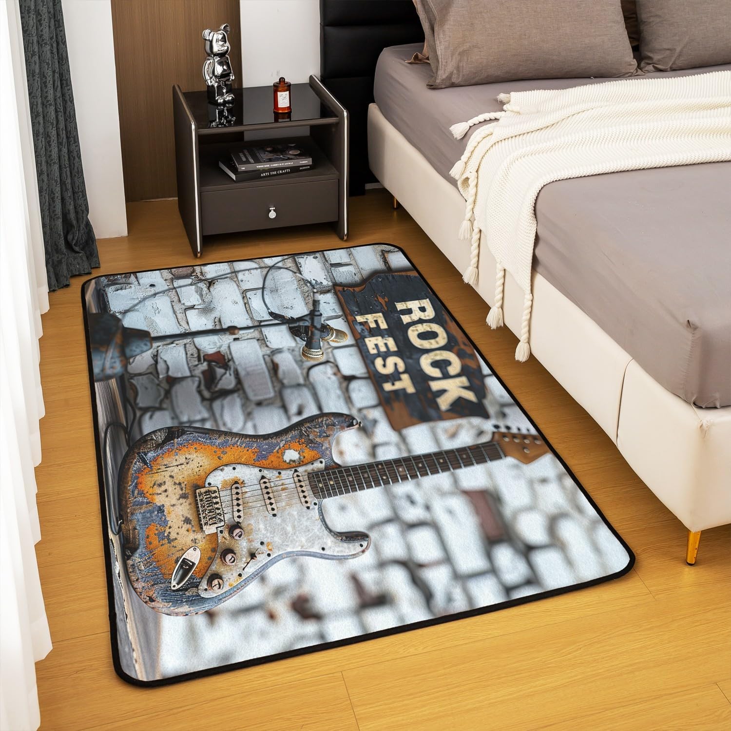 Erosebridal Vintage Guitar Area Rug 5x7,Country Musical Instrument Non Slip Rug for Kids Teens Adult,Rustic Farmhouse Style Indoor Floor Mat,Distressed Electric Grey Orange Decorative Washable Rug