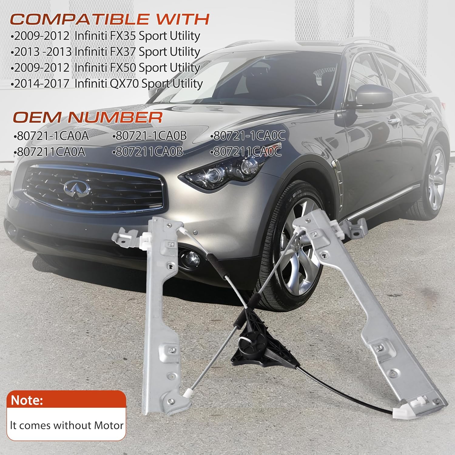 Front Left Driver Side Power Window Regulator Without Motor Compatible for 2009-2012 Infiniti FX35, 2013 FX37, 2009-2012 FX50, 2014-2017 QX70, Replacement 80721-1CA0A, 80721-1CA0B, 80721-1CA0C