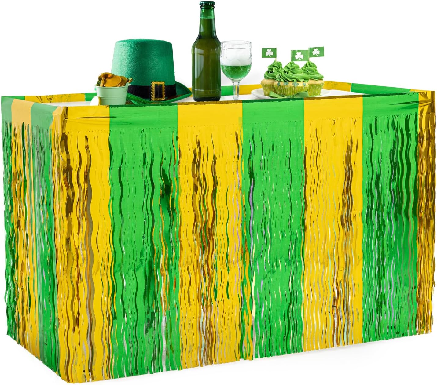 2 Pack St. Patrick's Day Foil Fringe Table Skirt, Green Gold Wavy Metallic Tinsel Foil Fringe Table Skirts Party Decoration for St. Patrick's Day Party Christmas Tree Indoor Outdoor Decoration