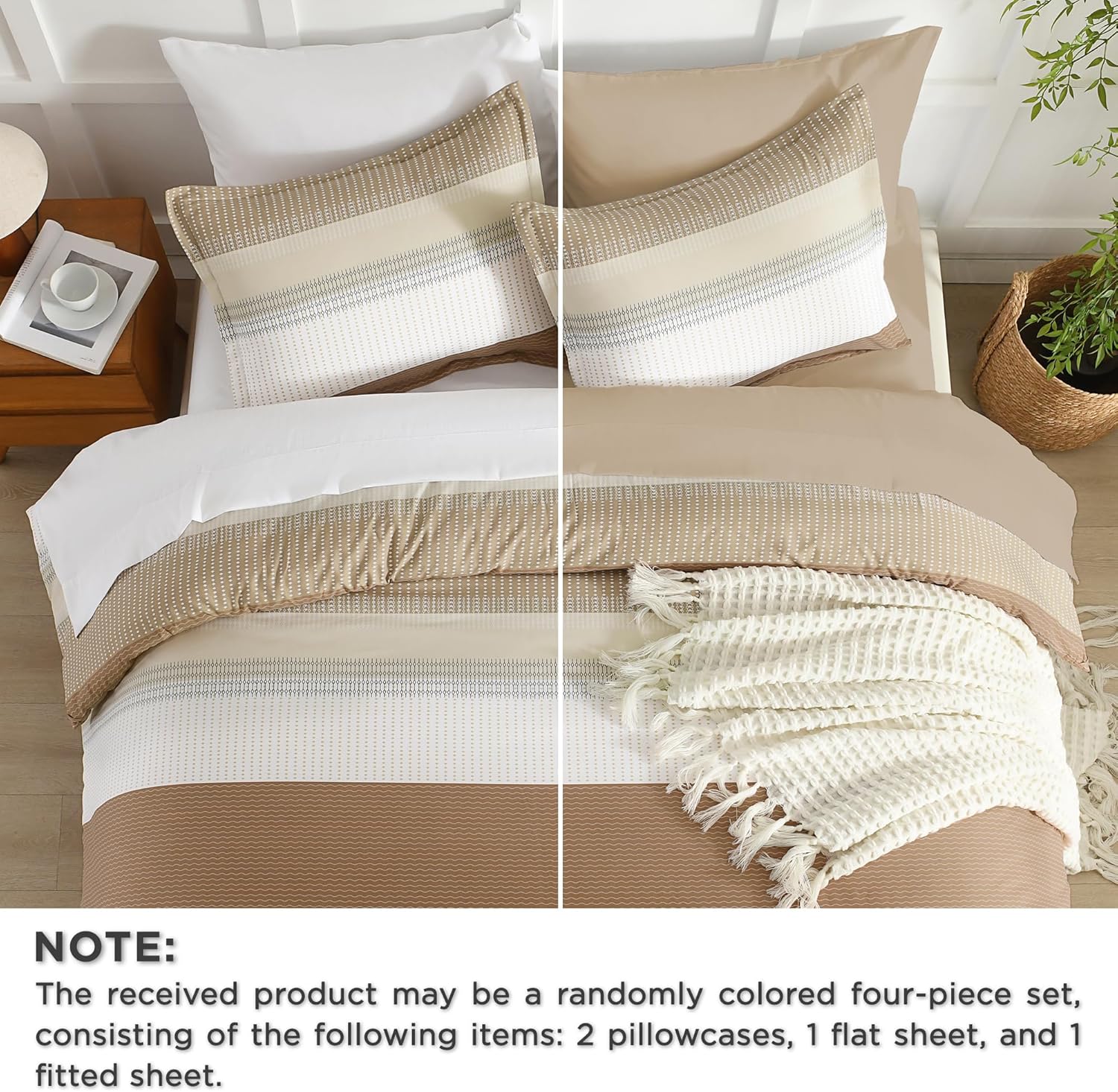 Andency Queen Comforter Set Taupe - 7 Pieces Striped Lightweight Bed in a Bag, Soft Microfiber Reversible Bedding Set with Comforter, Fitted & Flat Sheet, Pillowcases & Shams - Image 3