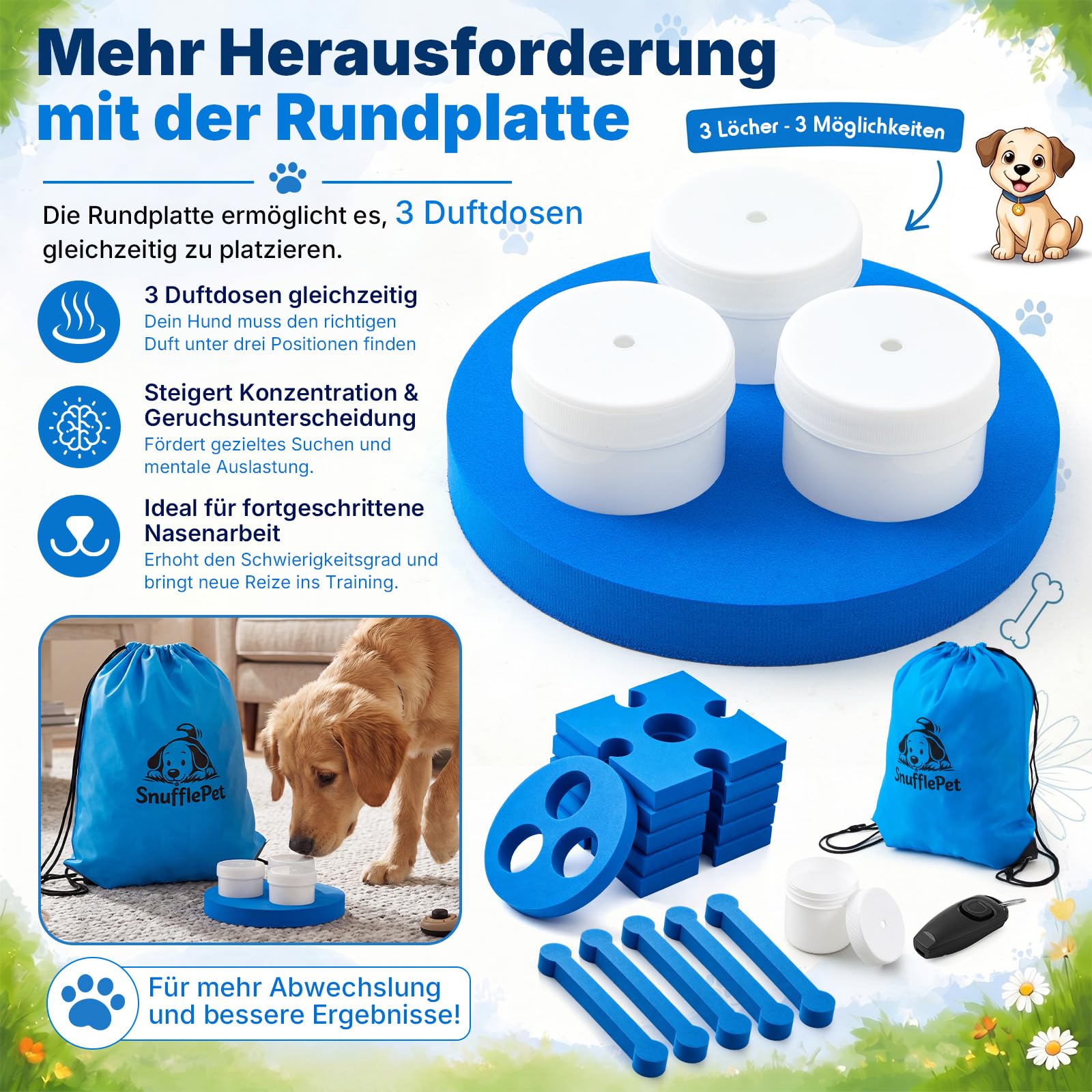 Jadive Kit d'Entraînement Détection Olfactive pour Chiens 6 Puzzles en Mousse avec 5 Récipients de Détection 1 Sifflet 1 Sac de Rangement Jouet Intelligent pour l'Entraînement Olfactif