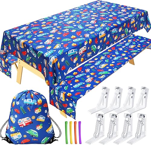 Tudomro Mantel de camping con fundas de banco de picnic, se adapta a mesas de picnic de 4 a 7 pies, mantel de poliéster lavable y reutilizable para