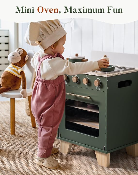 ROBOTIME Wooden Toy Oven Play Kitchen Set, Kids Kitchen Playset with Play Food, Pretend Play Oven Wooden Toy Kitchen Set for Toddlers Boys Girls(Vintage Green)