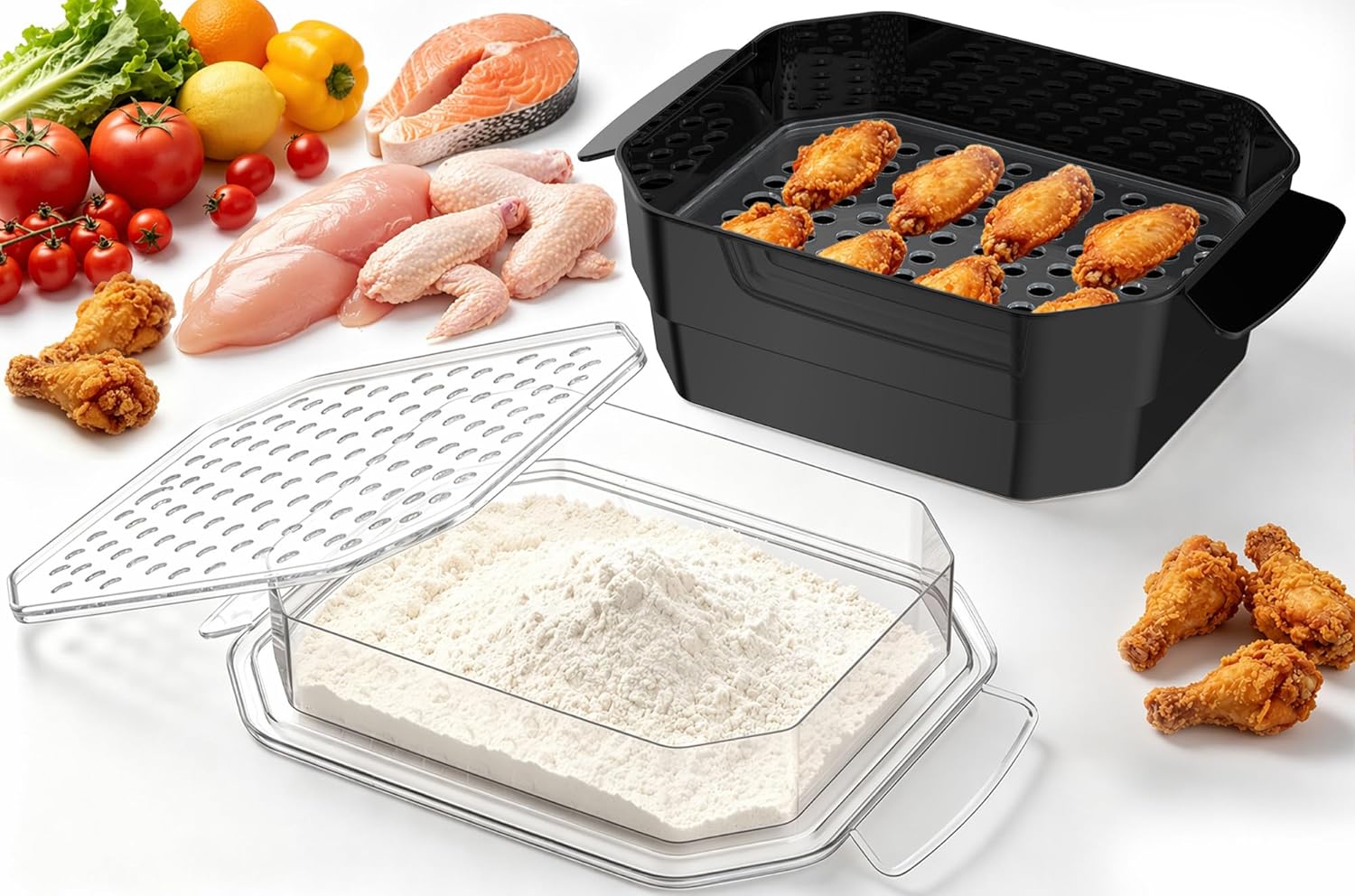 SURETIVIAN Batter Bowl Extra Large Better Breader Bowl with Two Sifters & Powder Tray, Visible Mess Free Breading Shaker for Fried Fish Chicken Meat Veggies, Great for Family Parties (Black)