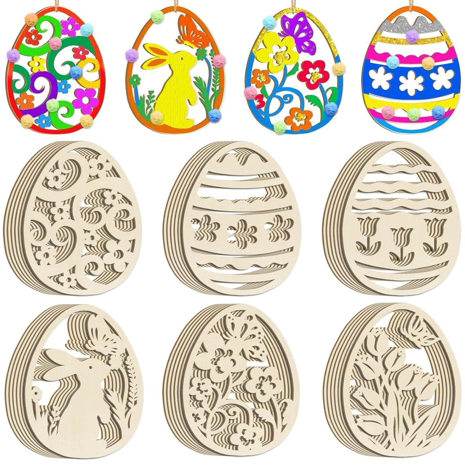Ehoter 1 Set 42Pcs Easter Wooden Eggs Crafts For Kids Unfinished Hanging Wooden Eggs Embellishments Diy Crafts Ornaments For Easters Party, Home Eastertide Holiday Hanging Decoration (1 Set)