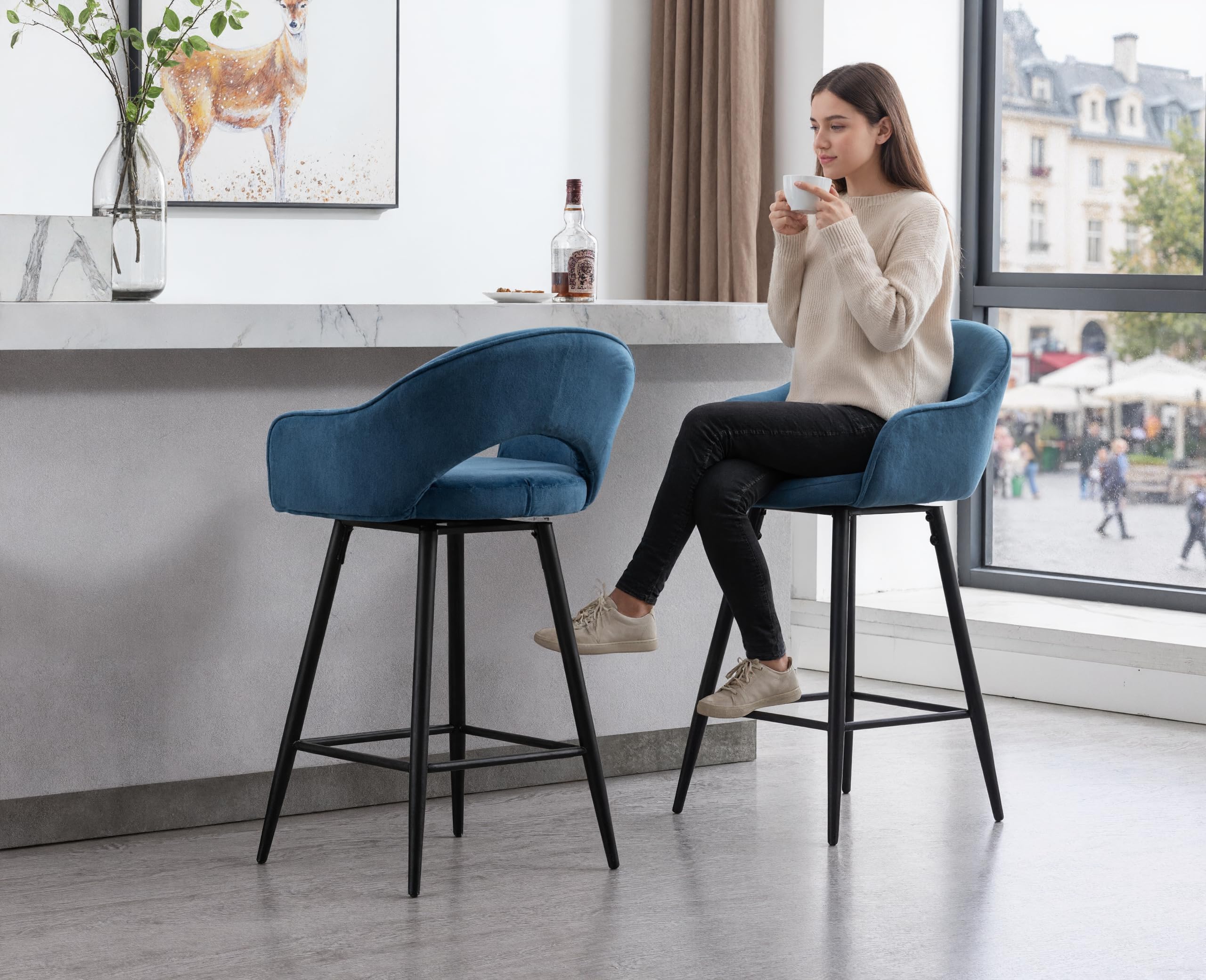 Ya-Home Chaise Bar Pivotant Lot de 2 en Velours, Bleu | Tabourets de Bar avec 4 Pieds en Métal, Tabouret de Comptoir Moderne, Chaises Haute pour Cuisine/Bar/Salon