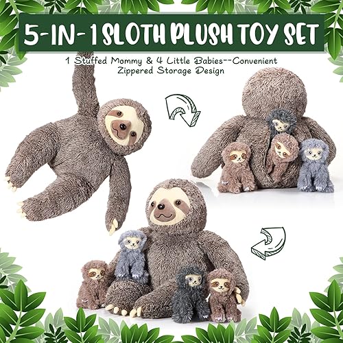 Miniatura 4 de Kasyat 5 piezas de animales de peluche de perezoso gigante de 12.6 pulgadas, mamá perezosa con 4 bebés de peluche en su vientre, lindos juguetes de
