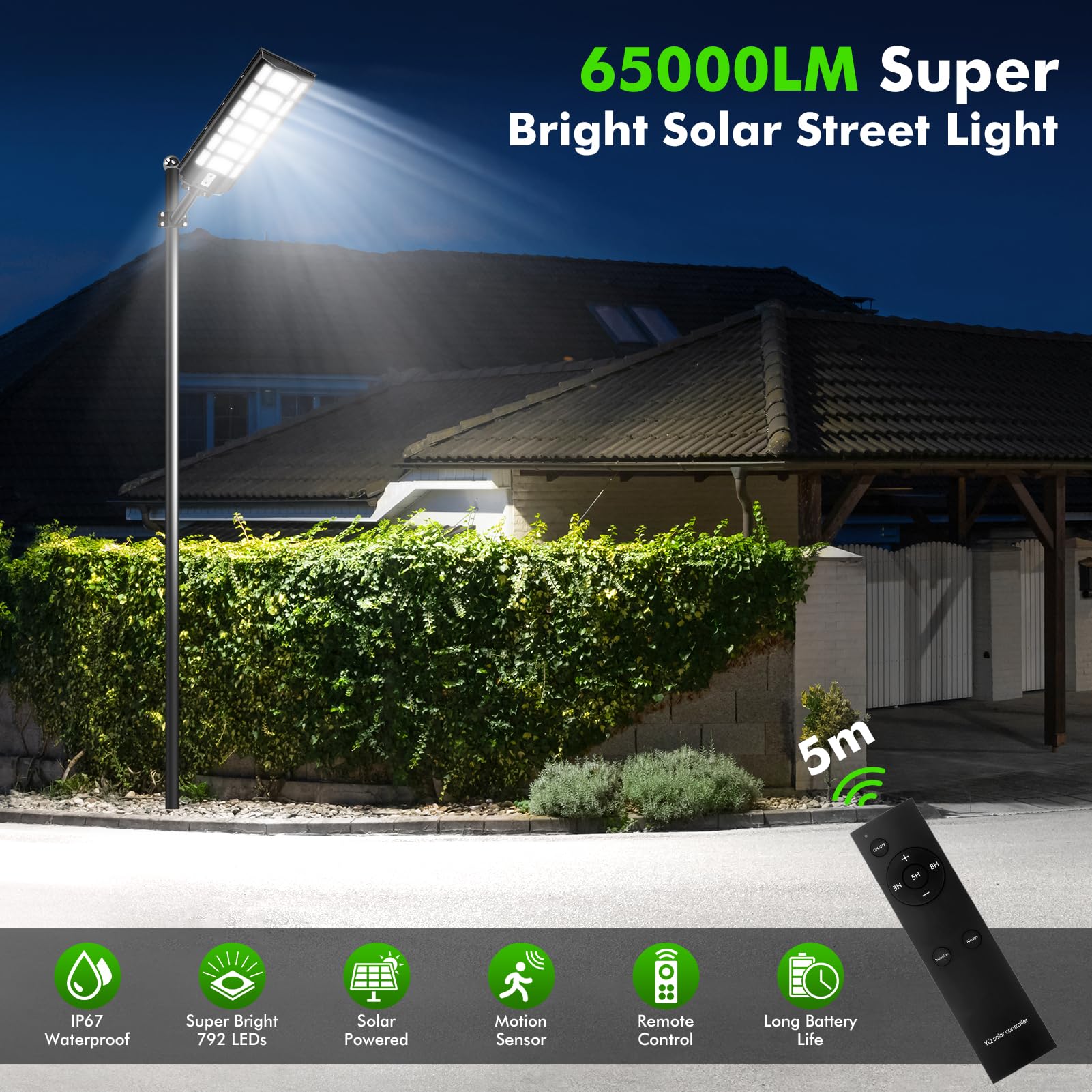 LED Réverbères Solaire Exterieur 1200W 6500K IP67 Etanche avec Télécommande Détecteur de Mouvement