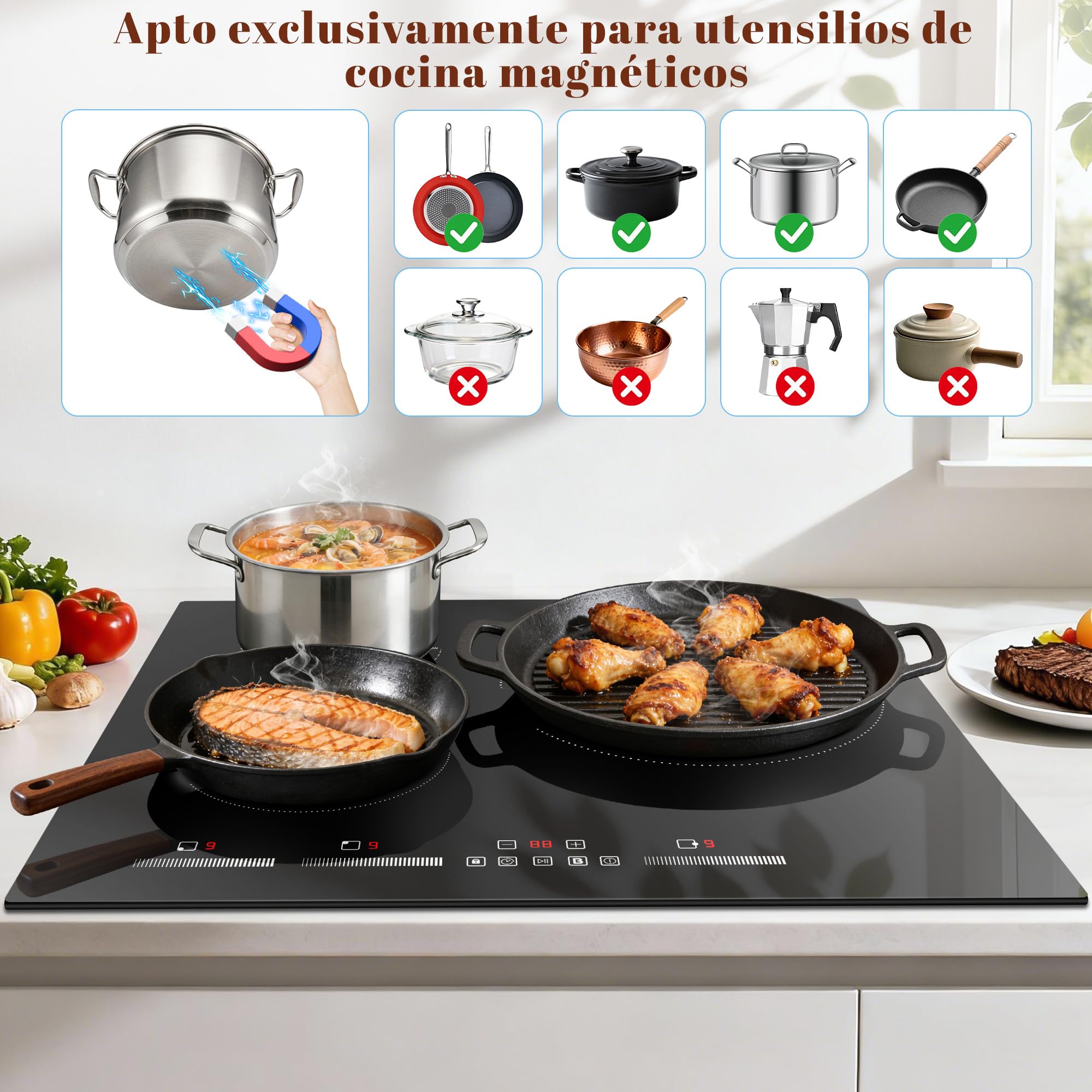 Placa de Inducción 3 Fuegos, Cocina de Inducción Empotrable, 60 cm, 6500W | Control Táctil, Seguridad Infantil, Potenciador, 9 Niveles de Calor, Temporizador