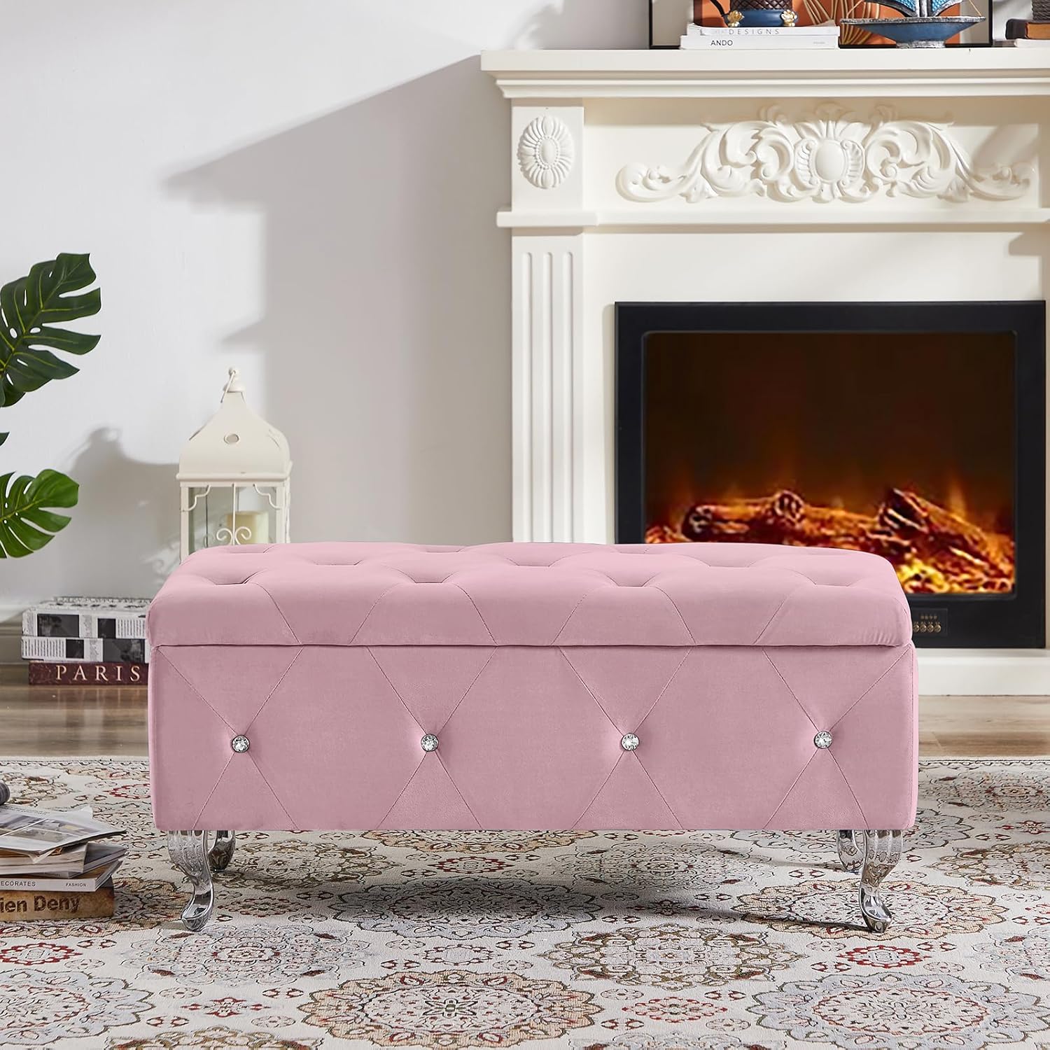 Storage Bench for Bedroom End of Bed Rolled Armed Velvet Button Tufted Storage Bench Sofa Stool with Nailhead, Long Storage Bench Window Sitting Fireplace Entryway Living Room (Pink)