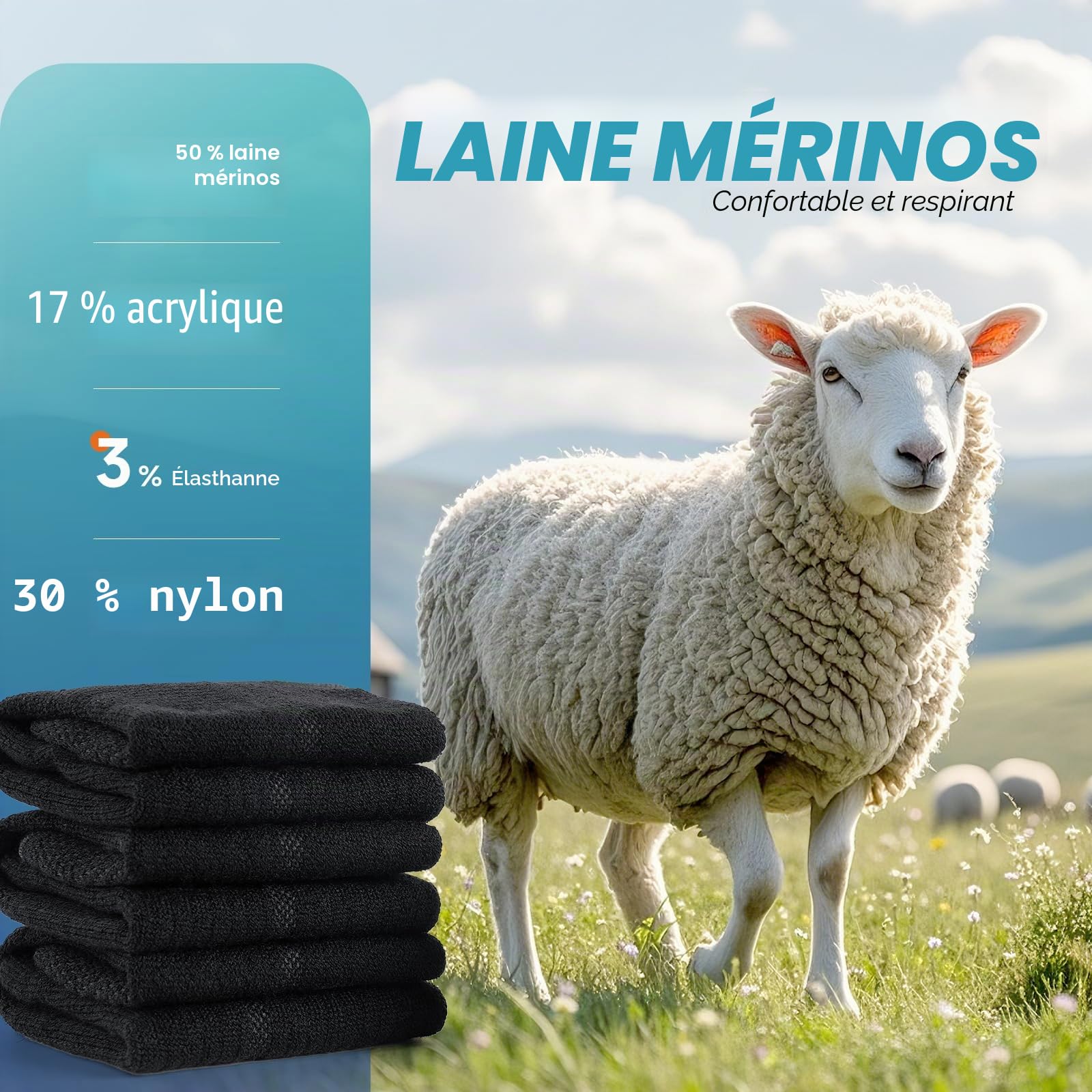 TANSTC Chaussettes Homme Femme 43-46 39-42 35-38 47-50 Chaussette Antidérapante Respirant de Randonnée en Laine Mérinos, Chaussettes Hautes Sports Trekking Course, 3 Paires