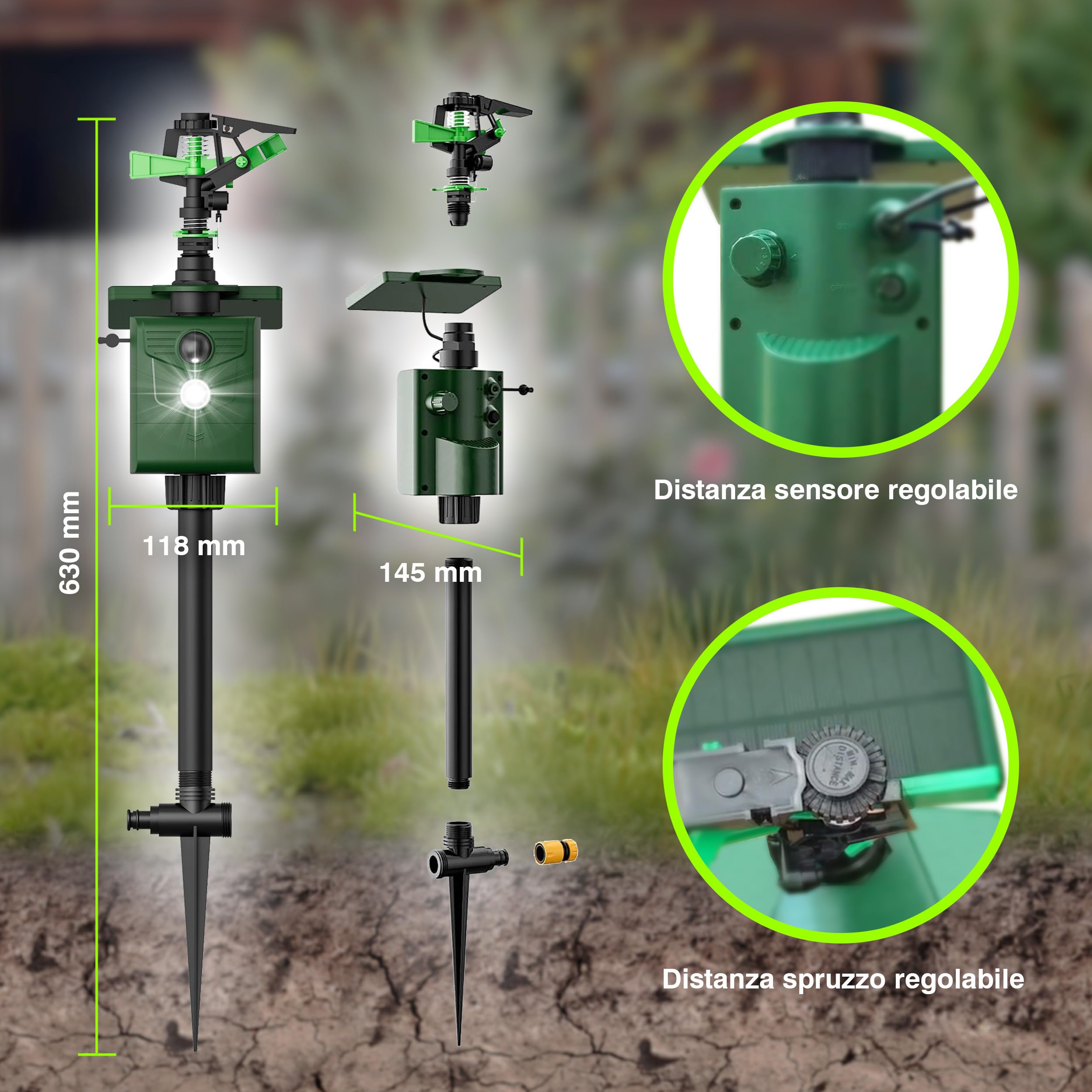ISOTRONIC® Jet d'acqua Plus Light Dissuasore per animali a energia solare, a energia solare, repellente per cani e gatti, spaventatore per uccelli e aironi per giardino, rilevatore di movimento