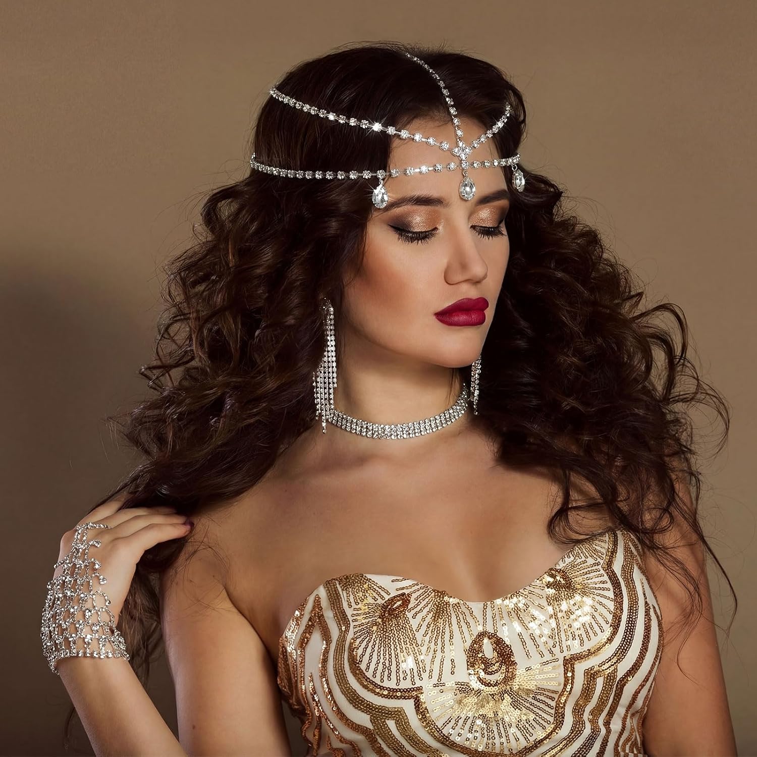 4 Pcs 1920s Rhinestone Silver Jewelry Set for Women Glitter Head Chain Dangle Earrings Crystal Choker Necklace Hand Chain for Wedding Party - Image 5