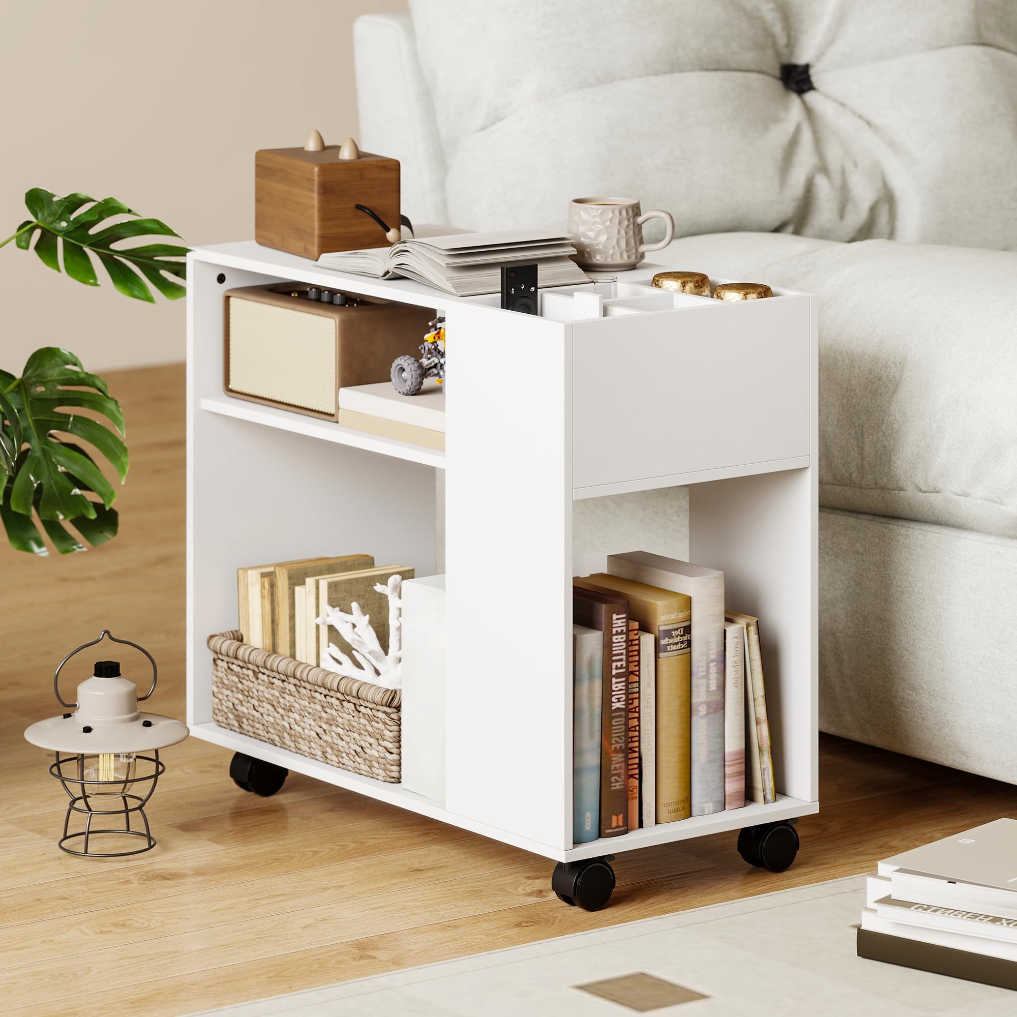 HOMCOM Druckertisch mit Rollen mit Unterteiltem Fach 70 x 34 x 60 cm Weiß | Druckerständer, Ablageflächen, Schreibtisch Organizer für Drucker, Druckerwagen für Büro Fax Scanner Office
