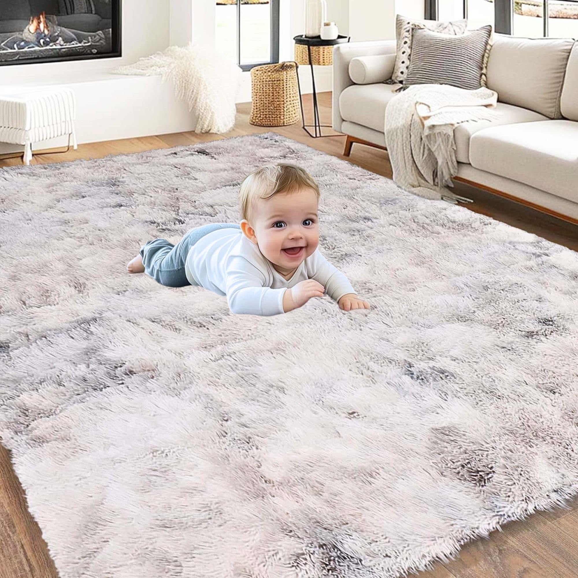 Hafaa Fluffy Shaggy Rugs Living Room Tie-Dye Light Grey 160x230 cm, Large Soft Thick Pile Carpet, Non Slip Bedside Rug for Kids Bedroom, Nursery, Lounge - Non-Shedding