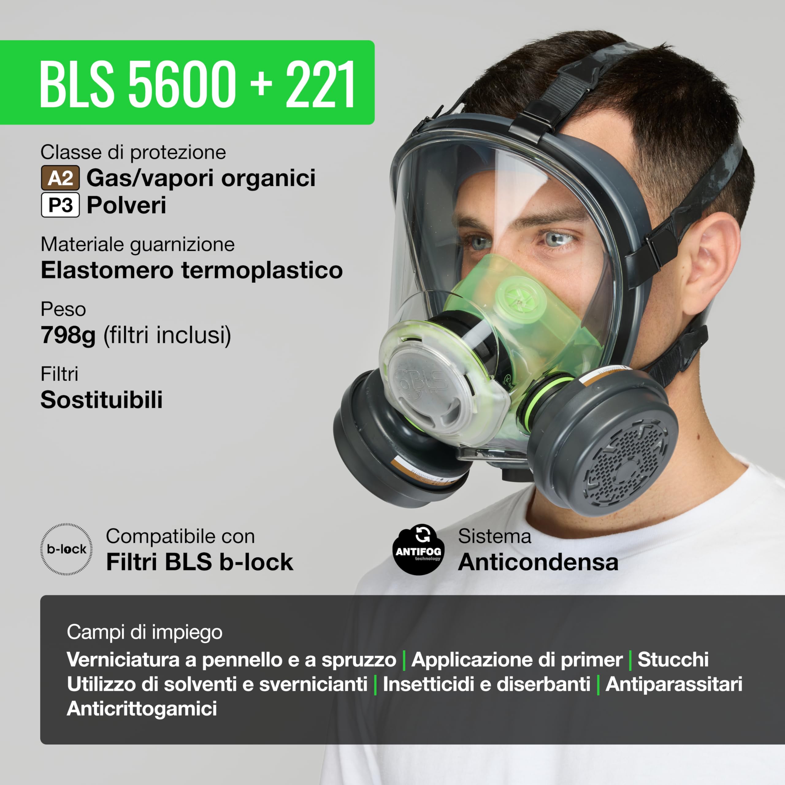 BLS 5600 con filtri 221 A2P3 R D Maschera Intera con Guarnizione in TPE e 2 Filtri Sostituibili 221 A2P3 con Attacco a Baionetta b-lock. Per Gas/Vapori, Polveri, Verniciatura, Stuccatura e Solventi