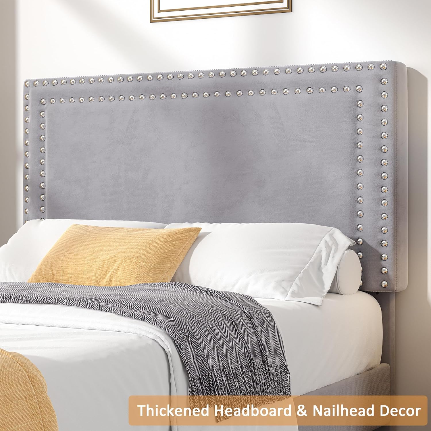 VECELO Twin Size Platform Bed Frame with Adjustable Upholstered Headboard, Strong Wood Slat Support, No Box Spring Needed, Easy Assembly