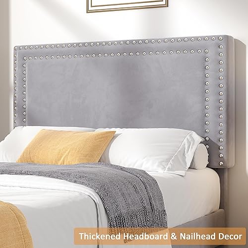 Miniatura 261 de VECELO Base de cama de tamaño matrimonial con cabecera tapizada ajustable, plataforma de listones de madera, diseño sin ruido, fácil montaje Negro