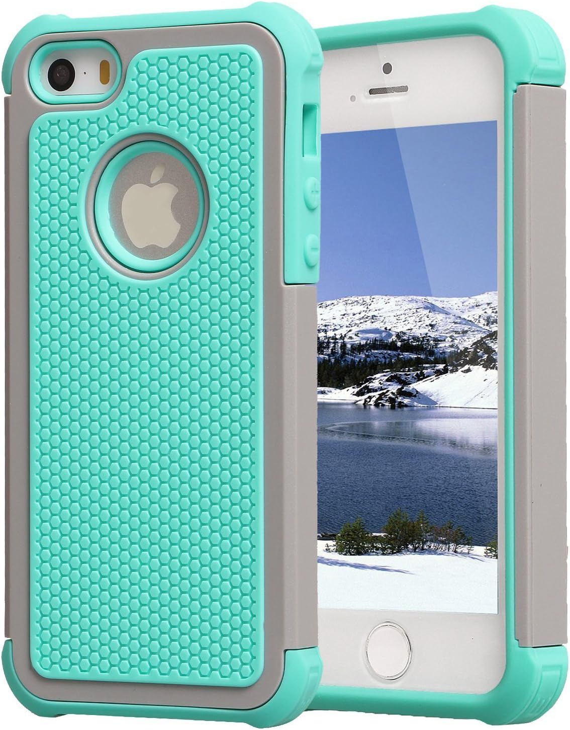 AGRIGLE Shock- Absorption/High Impact Resistant Hybrid Dual Layer Armor Defender Full Body Protective Cover Case Compatible with iPhone 5/5S/SE 2016 (Teal-Grey)
