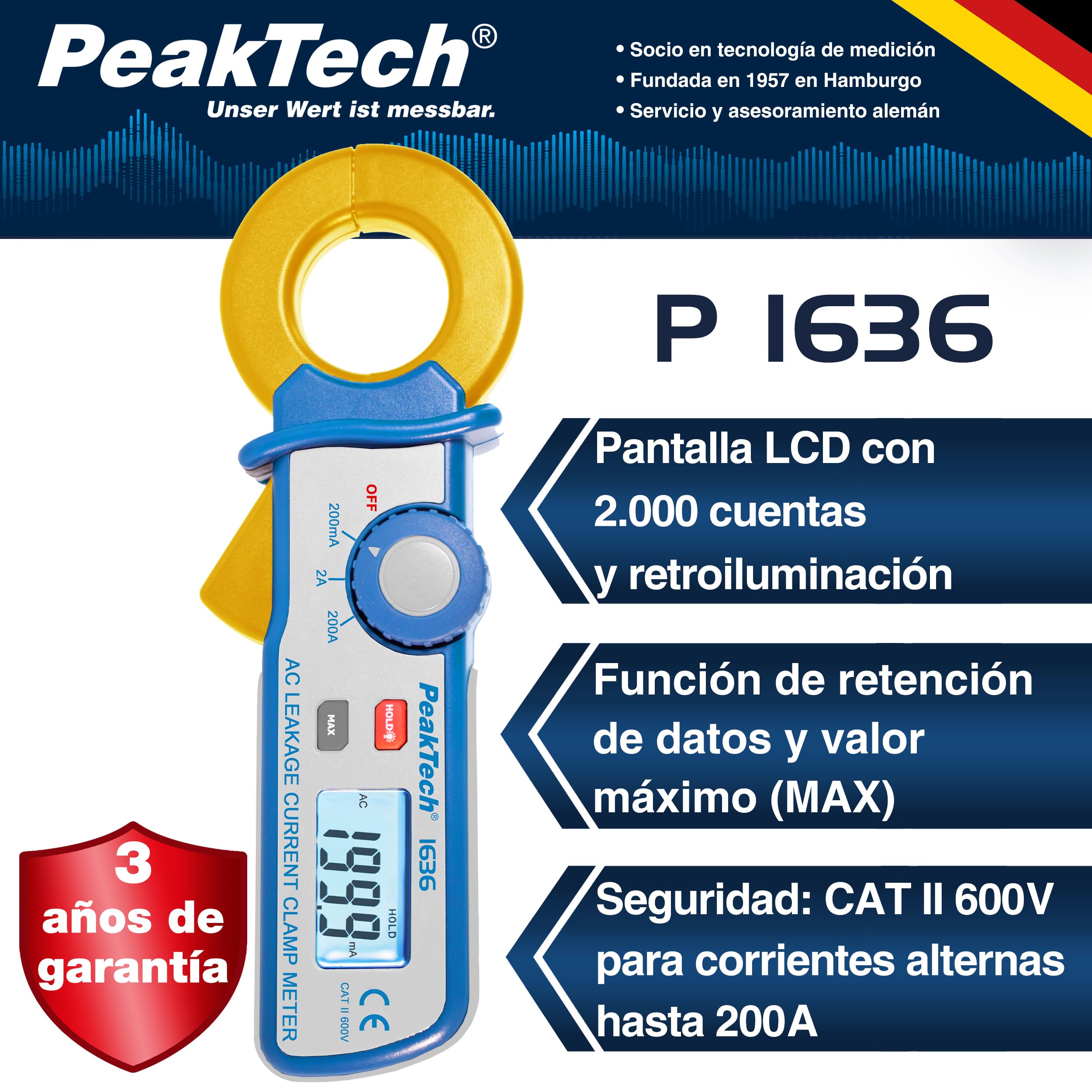 PeakTech 1636 Pinza de Corriente de Fuga AC 200A, 100 µA Resolución, Pinza Amperimétrica Profesional, Detector de Fugas Eléctricas, LCD, CAT II 600V