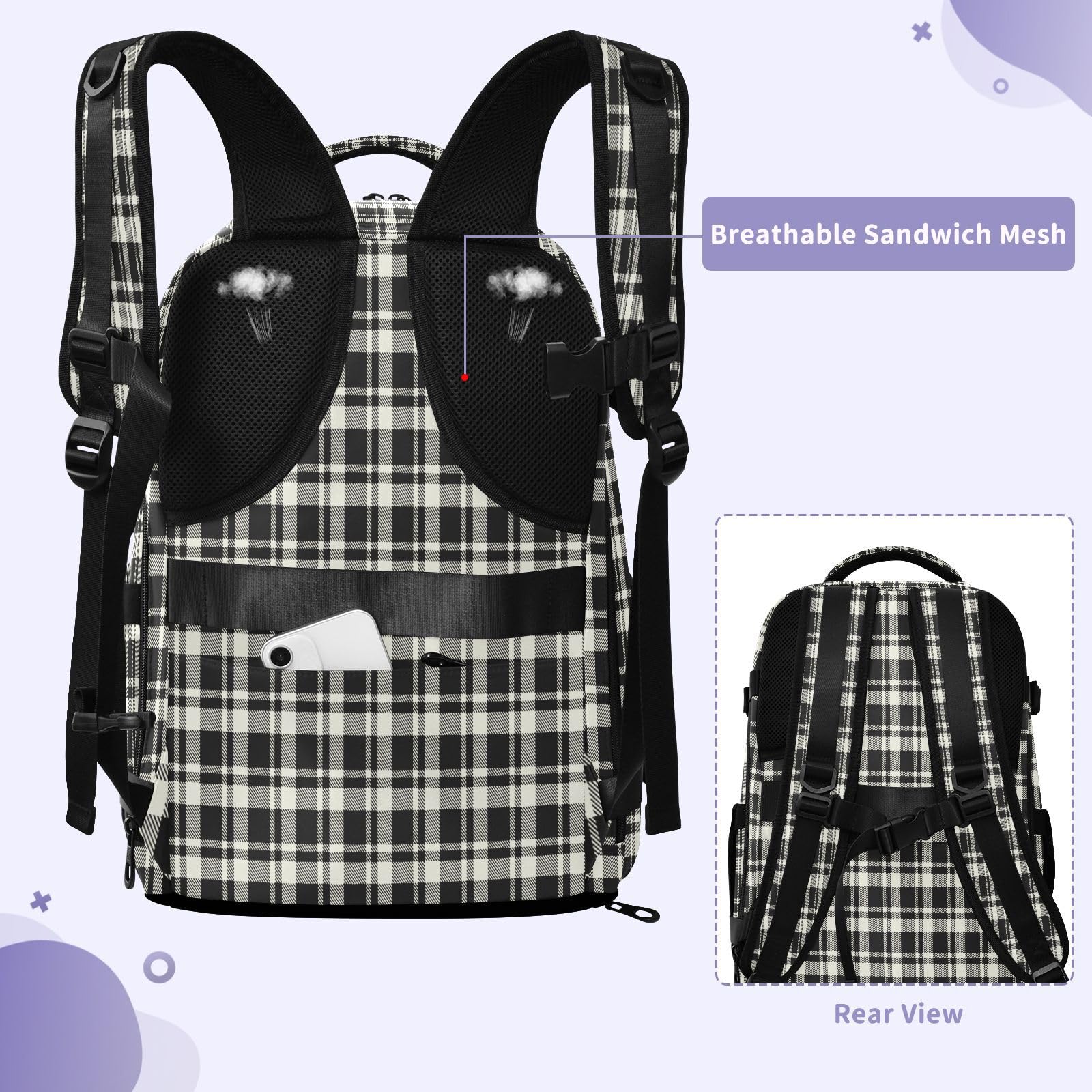 Plecak roboczy 15,6 Torba na laptopa do samolotów 20 l | Wodoodporna lekka torba podróżna Buffalo Plaid Ivory Black Osobisty przedmiot Torba podróżna do szkoły mochilas para
