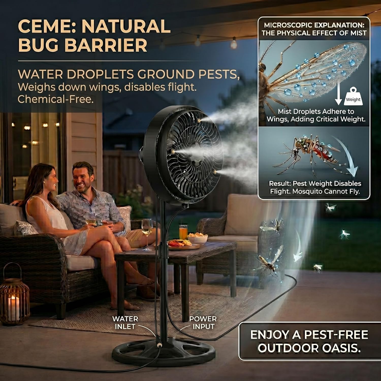 CEME Professional Misting Fan Outdoor, 16-Inch High-Speed Pedestal Fan with Safety GFCI Plug, 9 Custom Cooling Settings, 90° Wide Oscillation, ETL Listed Heavy Duty Standing Fan for Deck