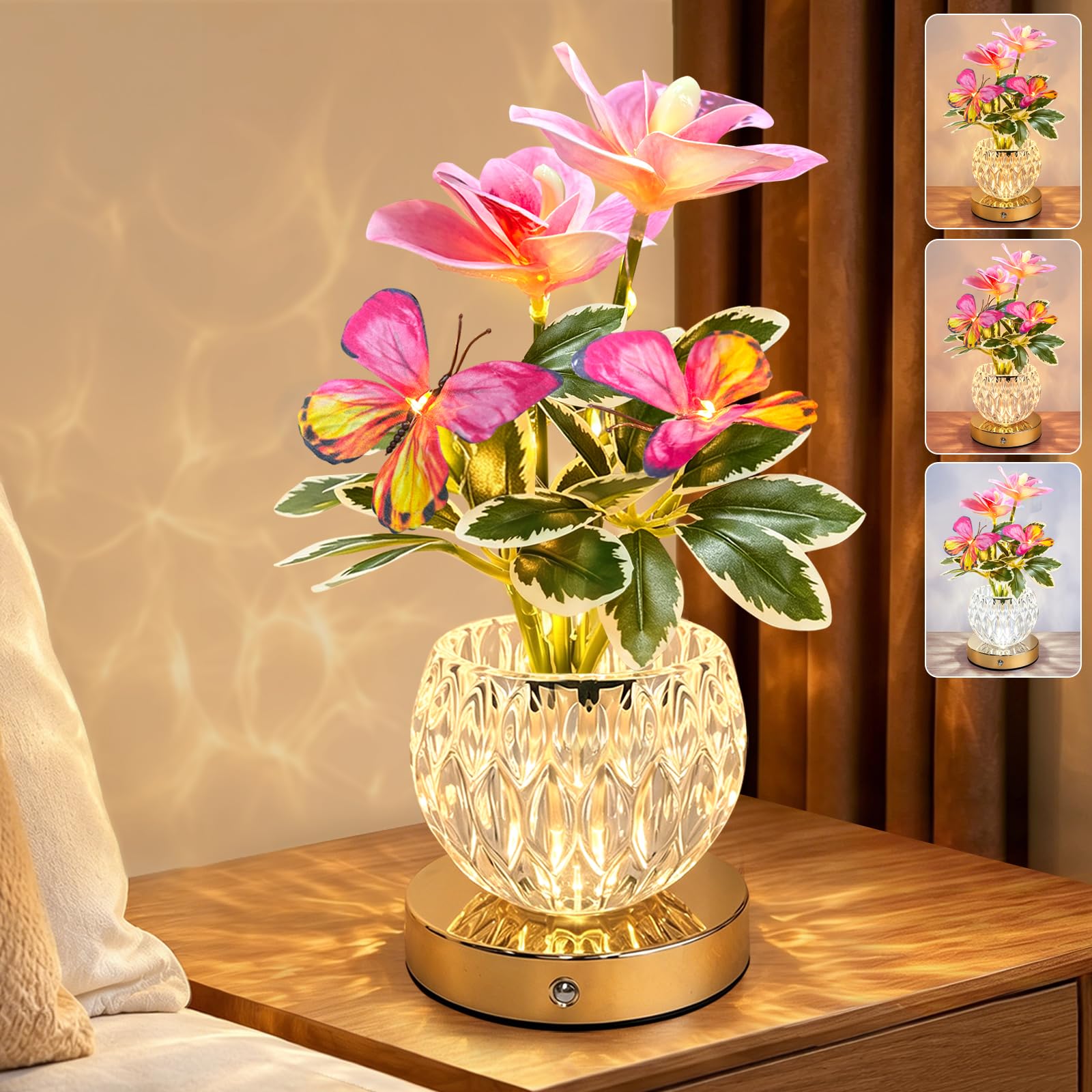 Flower Table Lamp, 3 Colors Touch Stepless Dimming Orchid Night Light, Rechargeable Artificial Flower Light, LED Flower with Vase Lamp Romantic Decor for Date Party Home (Pink - Cymbidium)
