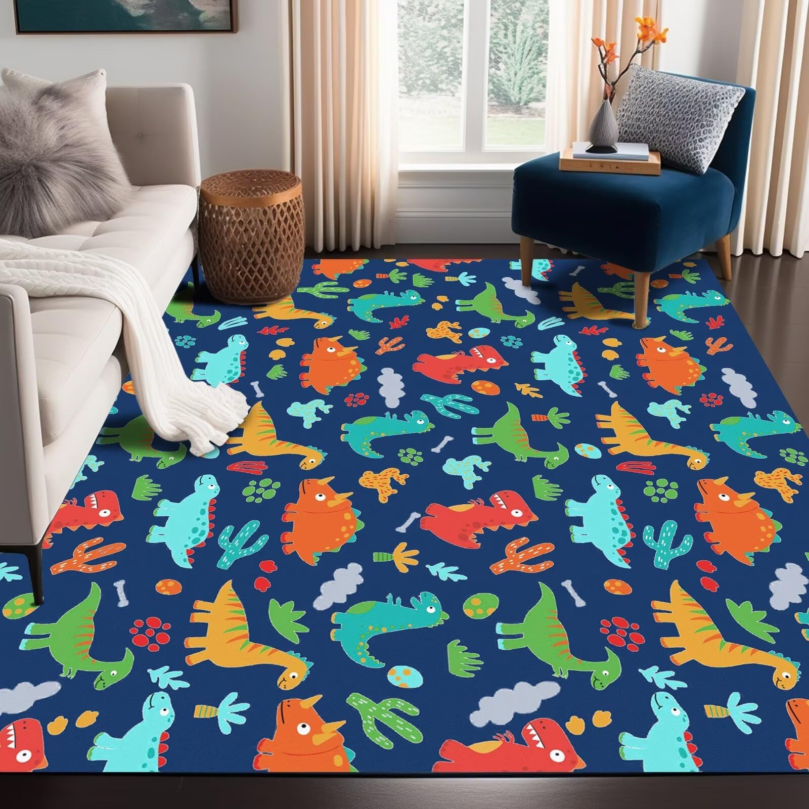 LIVEBOX Kids Dinosaur Rug 5x7 - Washable Non-Slip Playroom Carpet