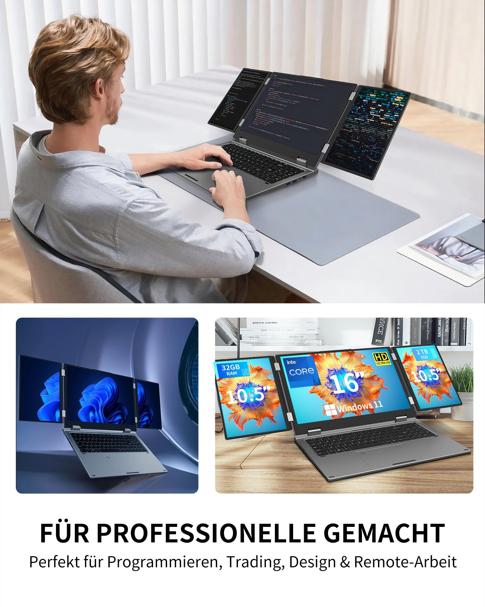 KOOFORWAY Laptop mit 3 Bildschirmen,16" Hauptdisplay+2x10,5",Core i7-1270P