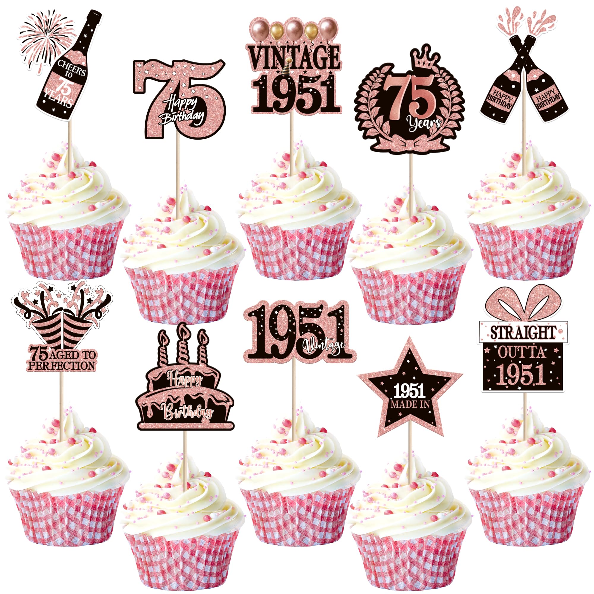 SYKYCTCY 40 Pack Vintage 1951 Cupcake Toppers Hello Seventy-Five Happy 75th Birthday Cupcake Picks Cheers to 75 Years Decorations for 75th Birthday Party Cake Decor Supplies