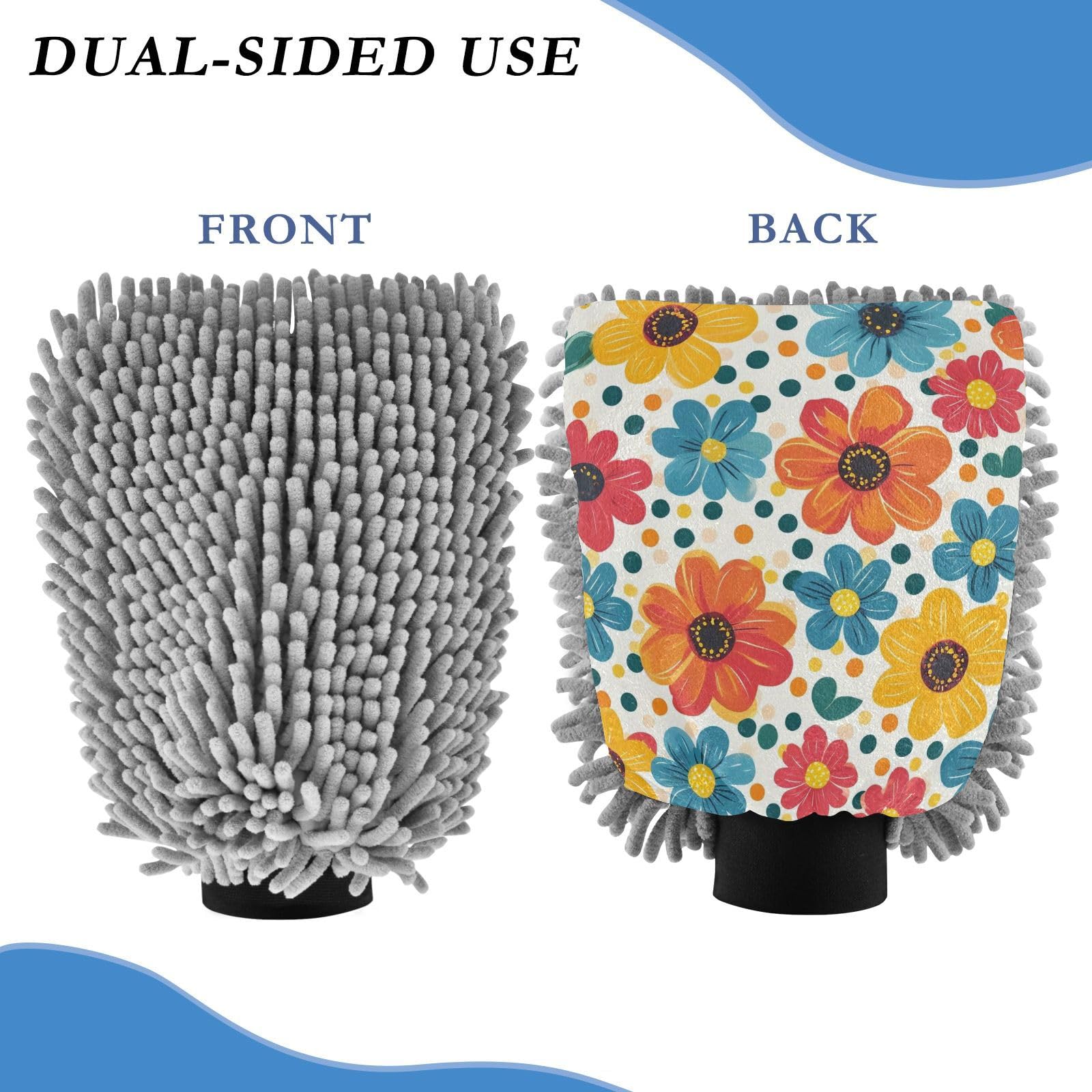 Hezely Colourful Flowers Car Wash Mitt, 2PK Scratch Free Lint-Free for Car Washing and Detailing