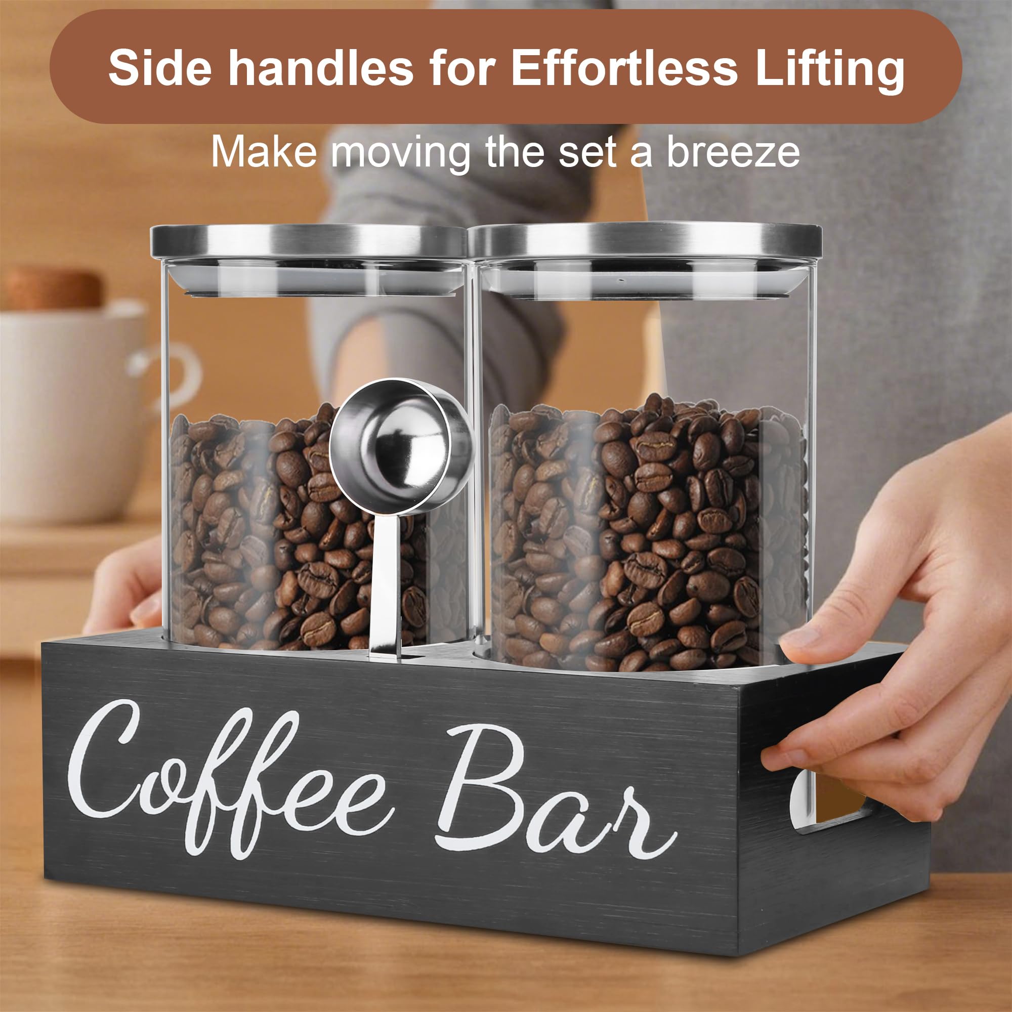 Luftdichtes Kaffeebohnen-Behälter-Set, Glas-Kaffeedosen mit Schaufel und Ablage, klare gemahlene Kaffee-Vorratsdosen mit Deckel für Kaffeebar, Zucker, Tee, Nüsse und Küchenarbeitsplatte, 2 ×