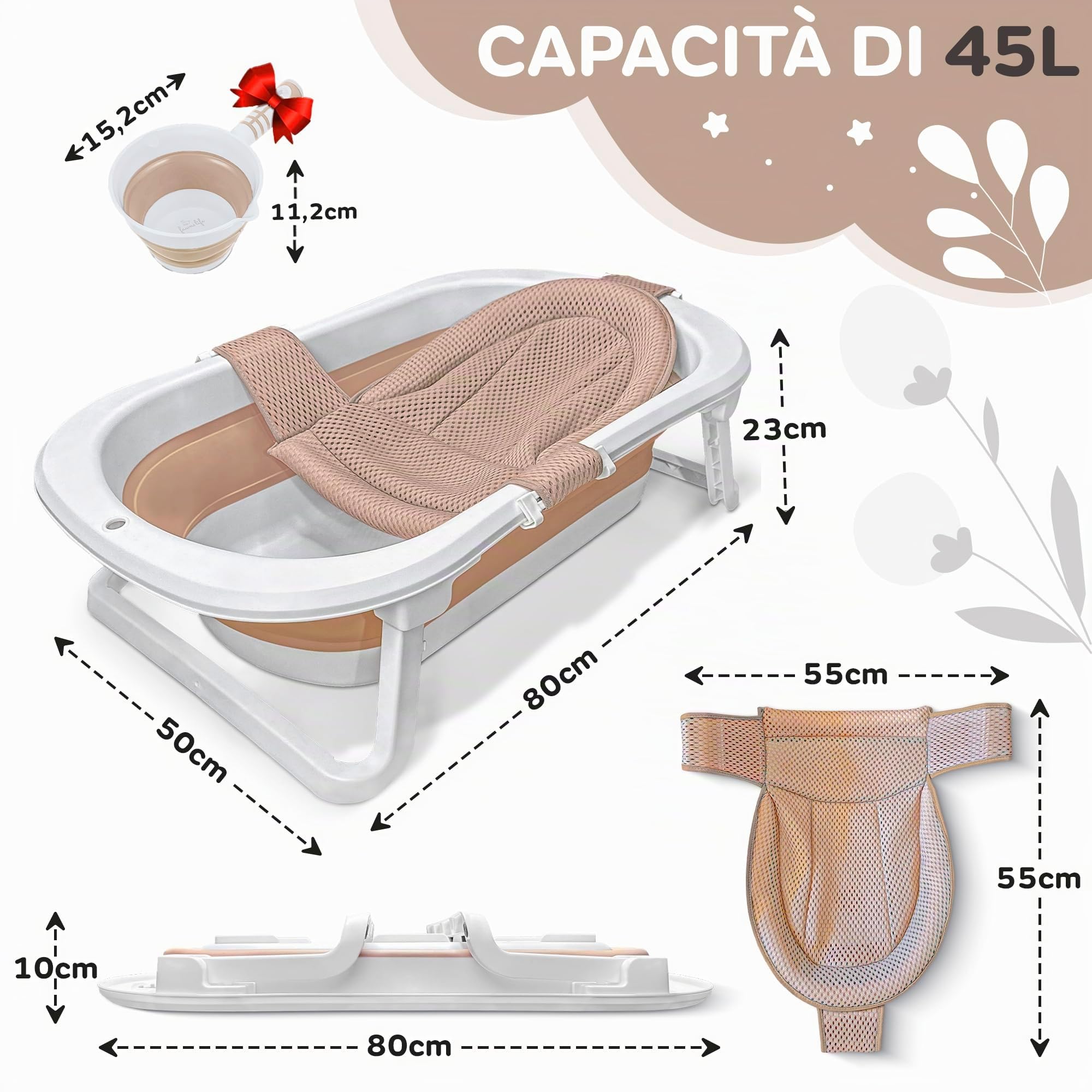 FawnsLife - XXL - Vasca da bagno pieghevole per bambini con seduta confortevole e tappeto al ginocchio - Qualità superiore e pratica per piccoli spazi e spostamenti