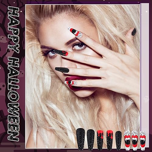 Miniatura 2 de 144 uñas postizas de Halloween, uñas postizas cortas a presión, uñas postizas de Halloween, pegamento con pestaña de pegamento de uñas, puntas de