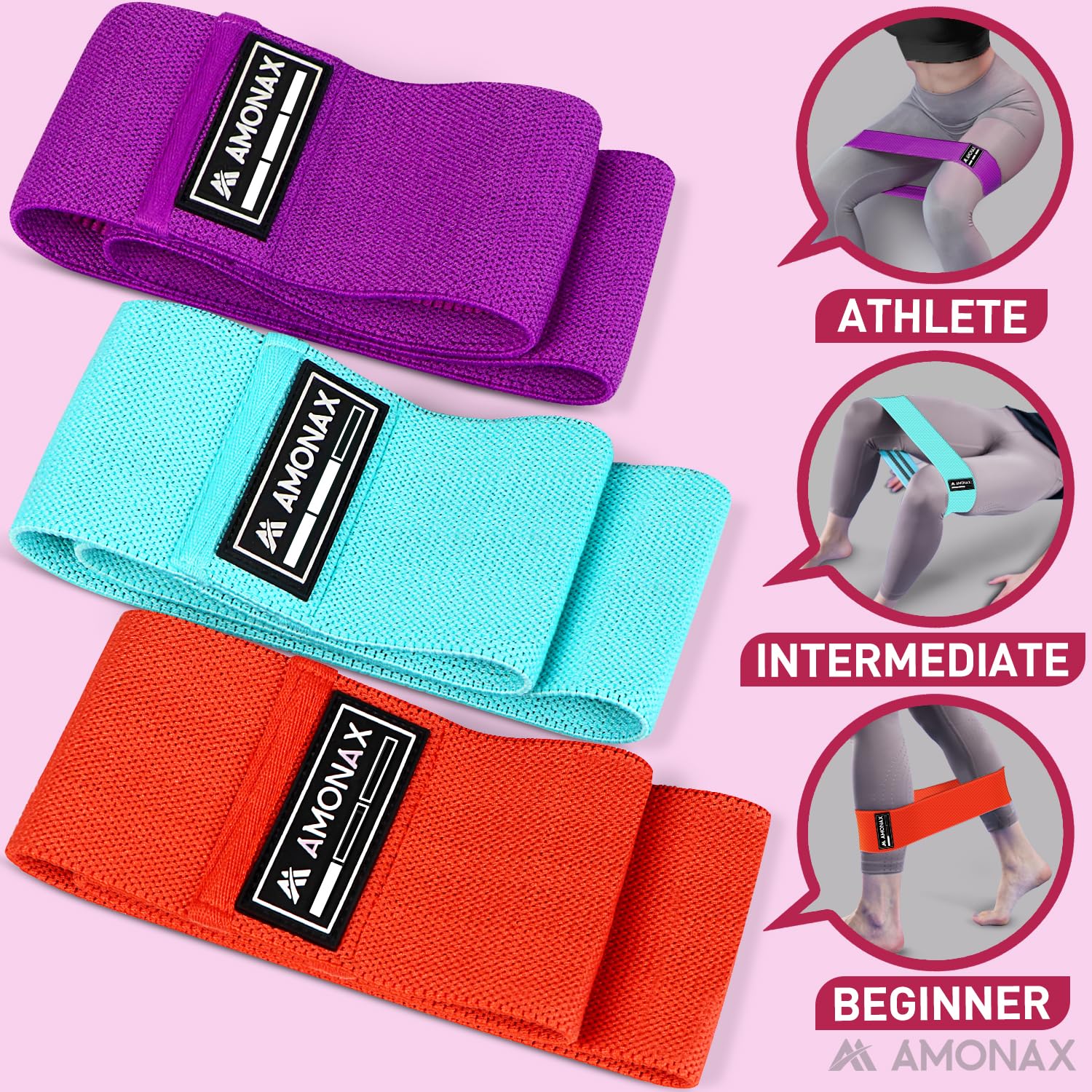Bandes De Résistance Amonax Pour Fessiers Et Jambes - 3 Niveaux De Résistance En Tissu