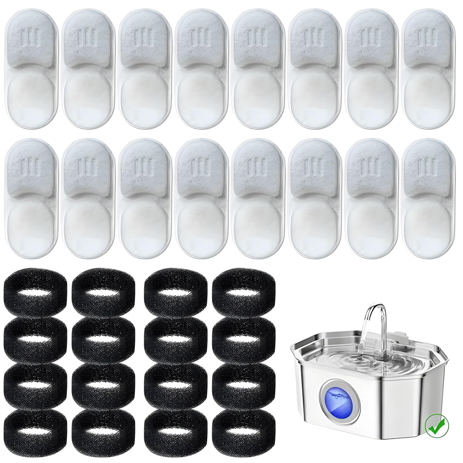 HGENAHGTF 32 in 1 Water Fountain Filter Replacement Pack Contains 16 Foam Sponges and 16 Filter Cartridges Drinking Water